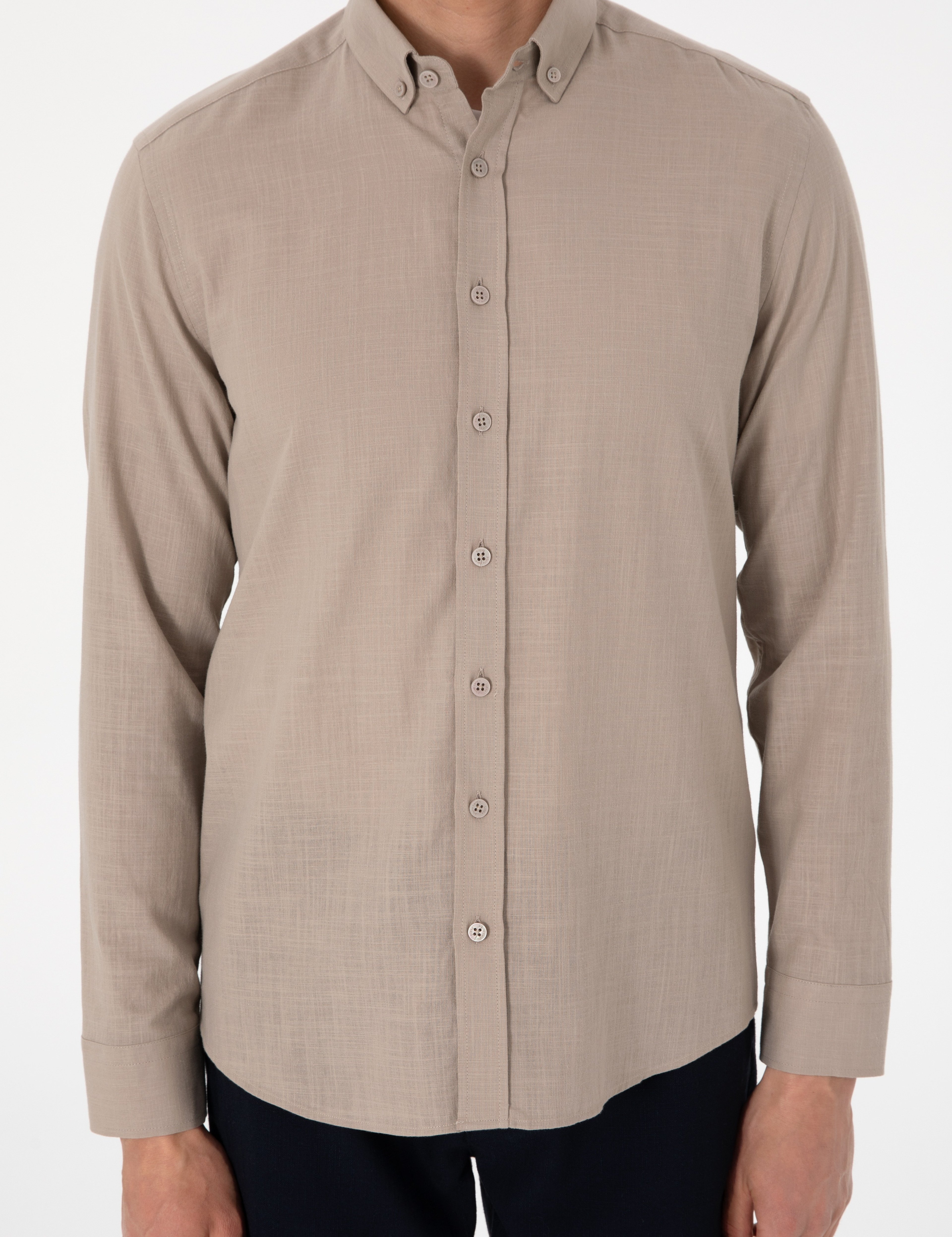 Vizon Keten Görünümlü Slim Fit Uzun Kollu Gömlek