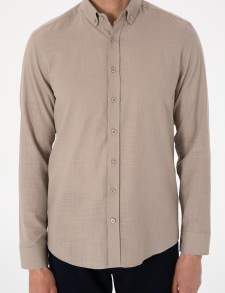 Vizon Keten Görünümlü Slim Fit Uzun Kollu Gömlek - 50307025091