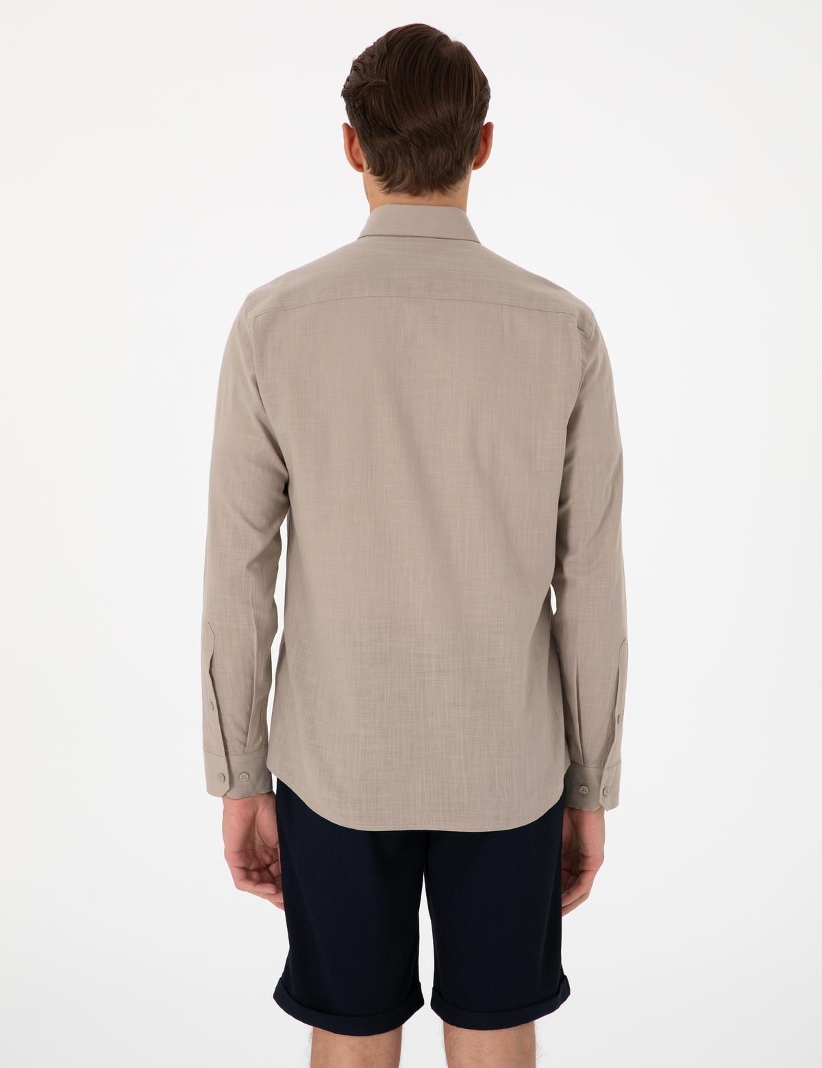 Vizon Keten Görünümlü Slim Fit Uzun Kollu Gömlek - 50307025091