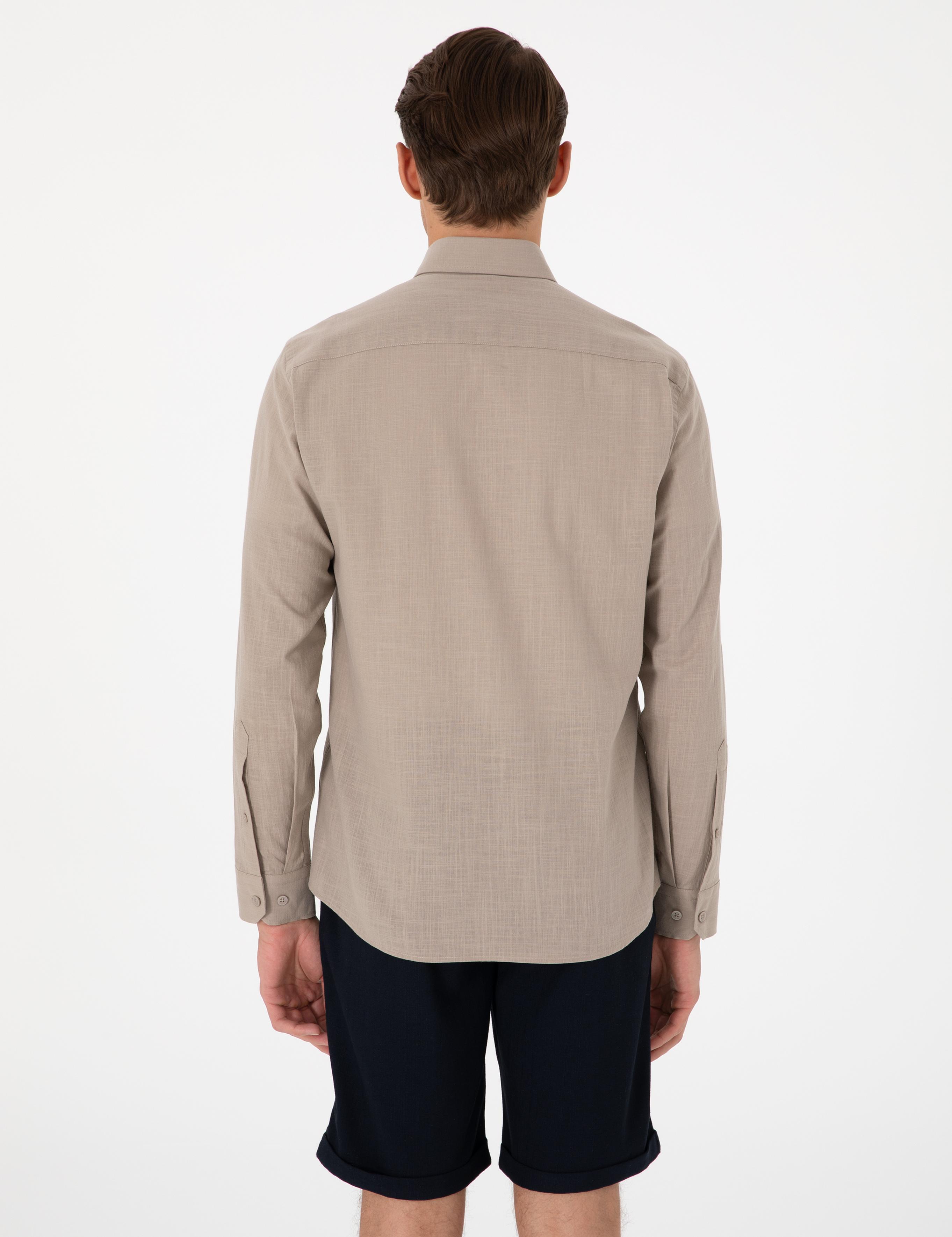 Vizon Keten Görünümlü Slim Fit Uzun Kollu Gömlek