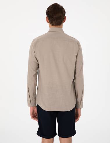 Vizon Keten Görünümlü Slim Fit Uzun Kollu Gömlek