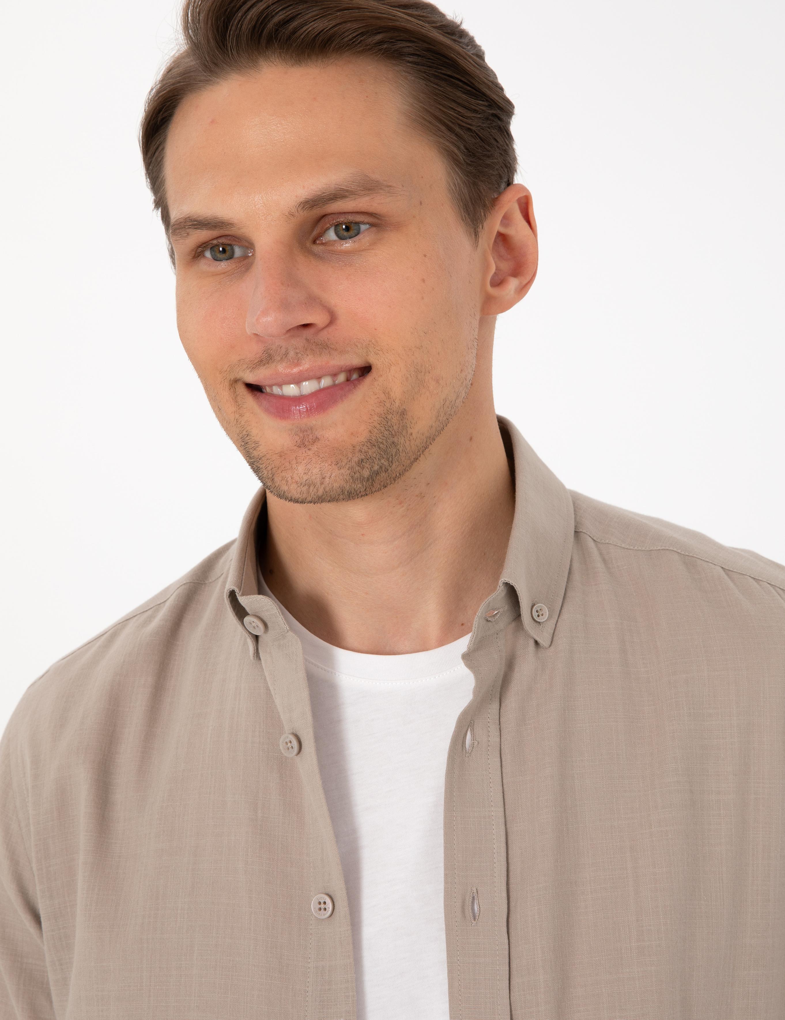 Vizon Keten Görünümlü Slim Fit Uzun Kollu Gömlek