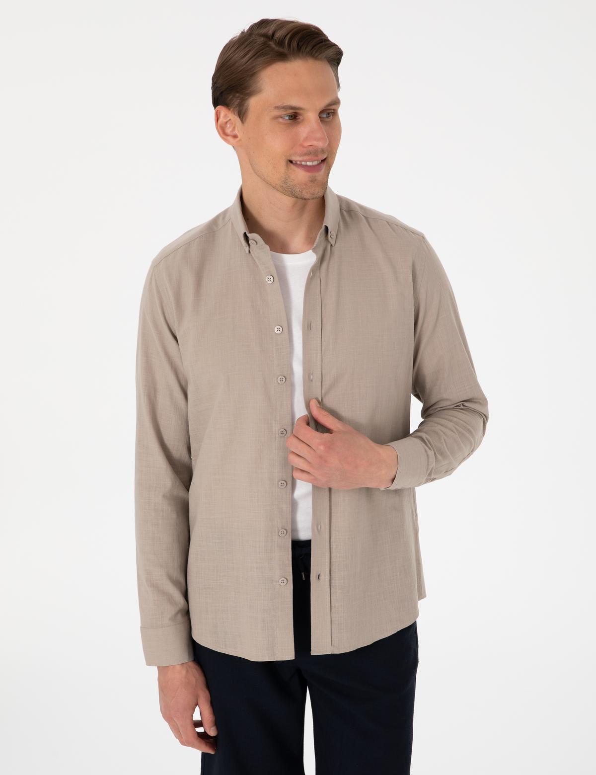 Vizon Keten Görünümlü Slim Fit Uzun Kollu Gömlek - 50307025091