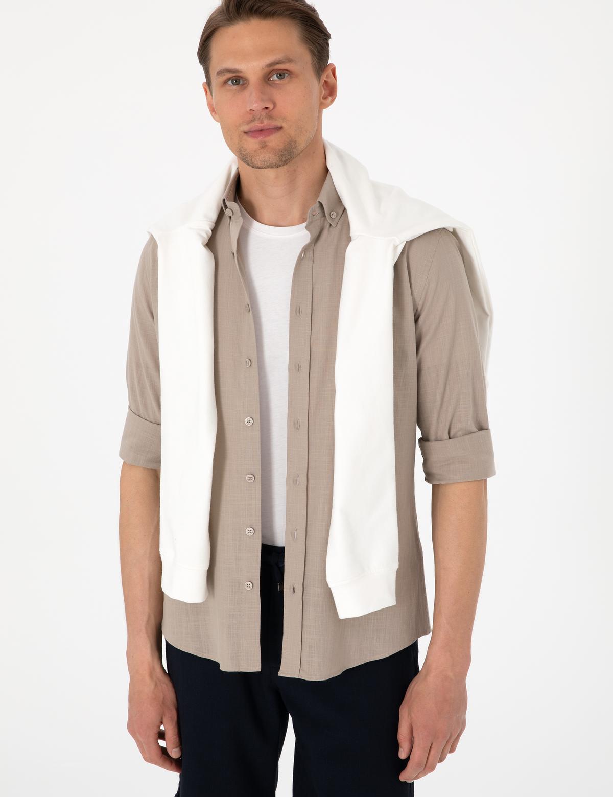 Vizon Keten Görünümlü Slim Fit Uzun Kollu Gömlek - 50307025091