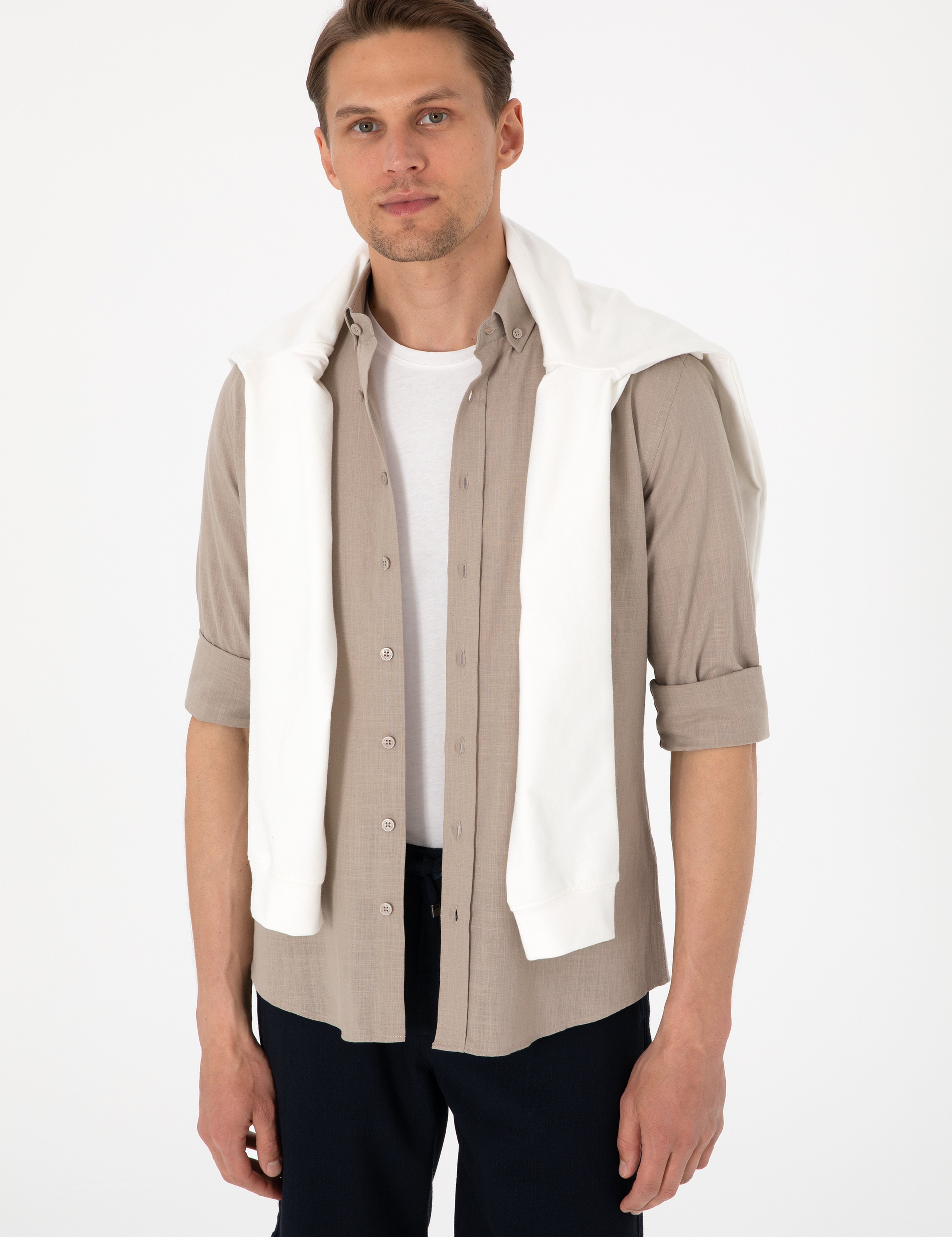 Vizon Keten Görünümlü Slim Fit Uzun Kollu Gömlek - Image 2