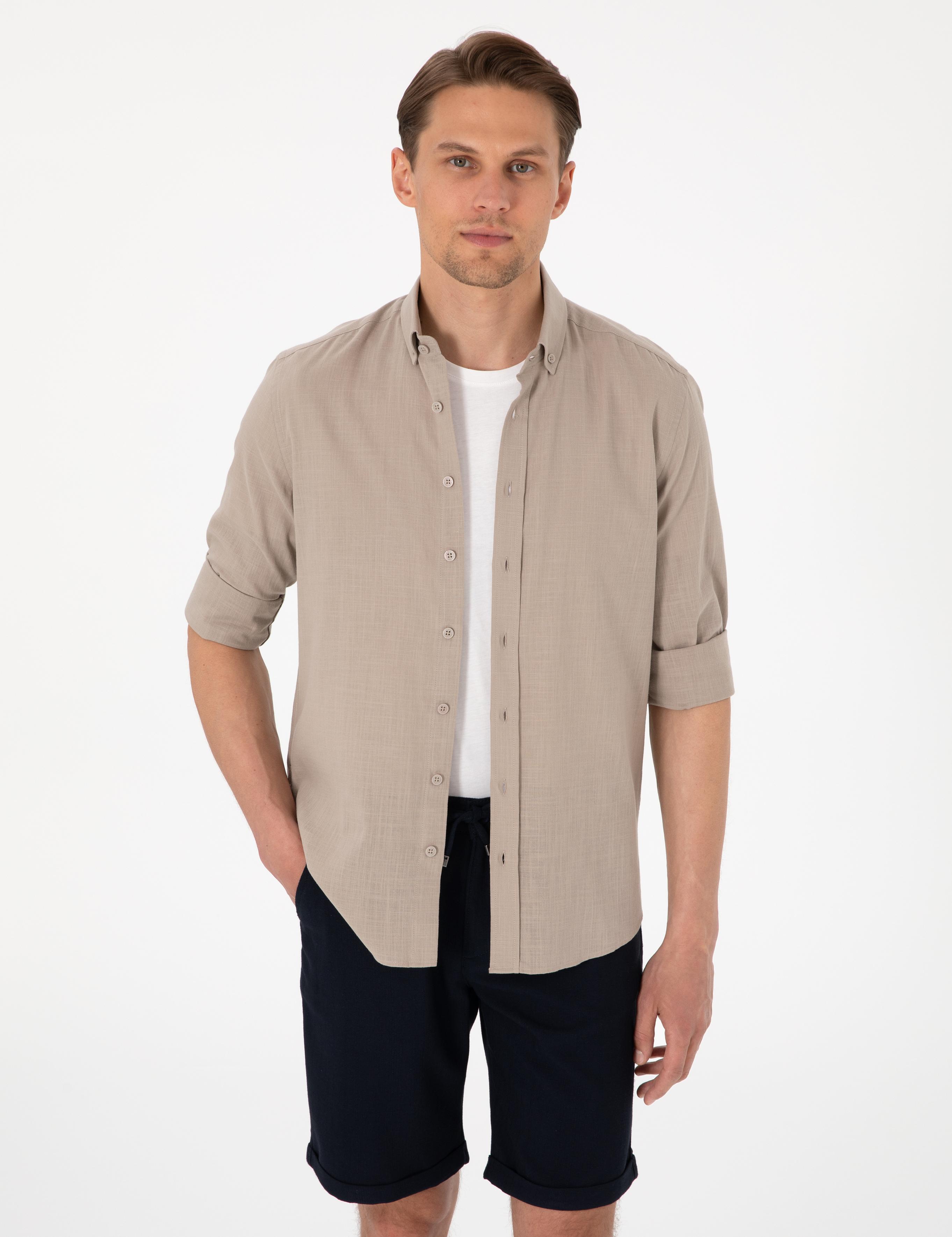 Vizon Keten Görünümlü Slim Fit Uzun Kollu Gömlek