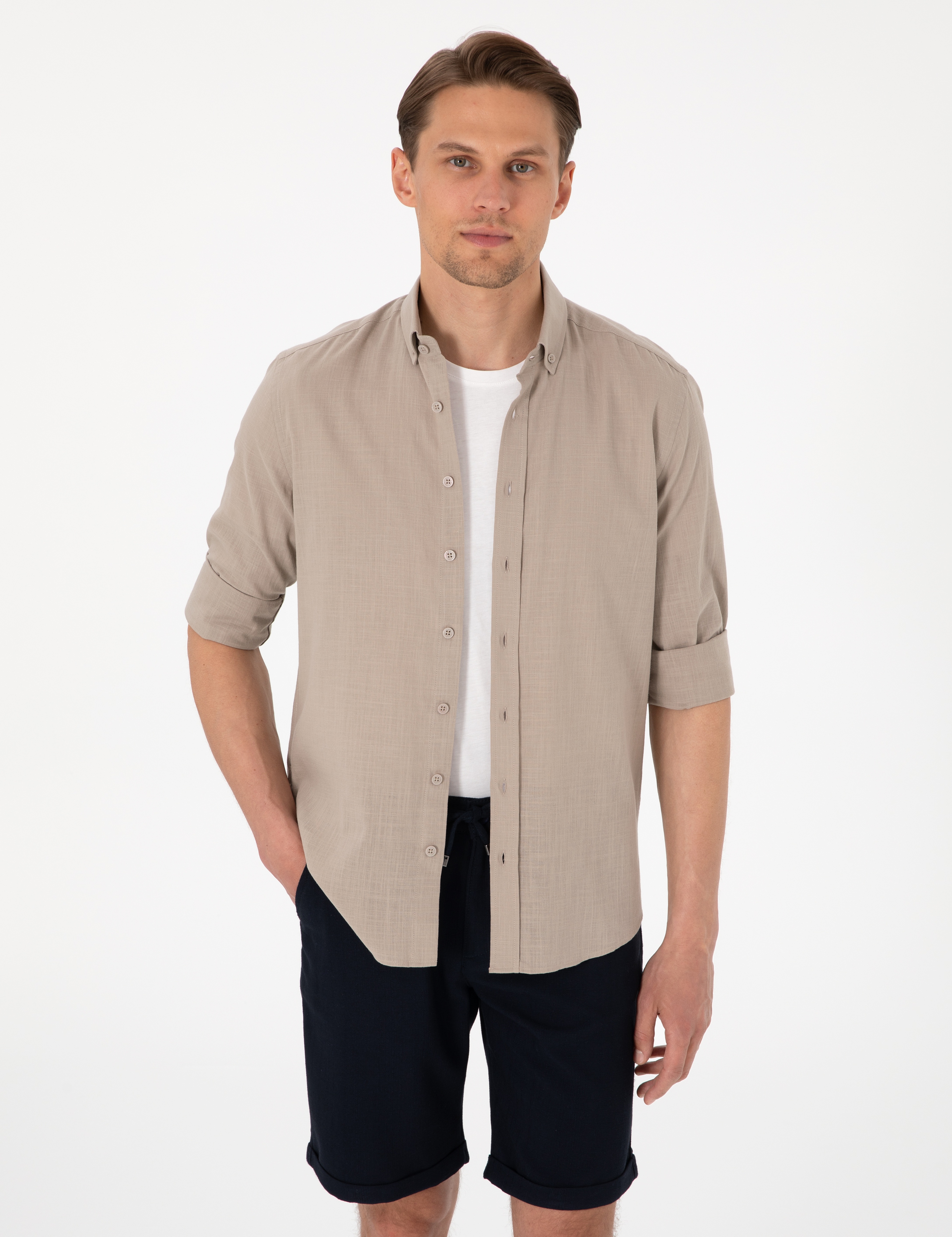 Vizon Keten Görünümlü Slim Fit Uzun Kollu Gömlek - Image 1