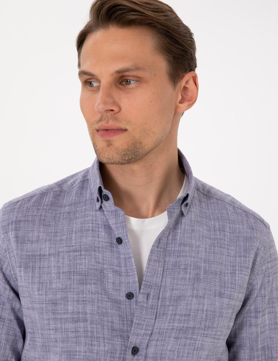 Lacivert Keten Görünümlü Slim Fit Uzun Kollu Gömlek
