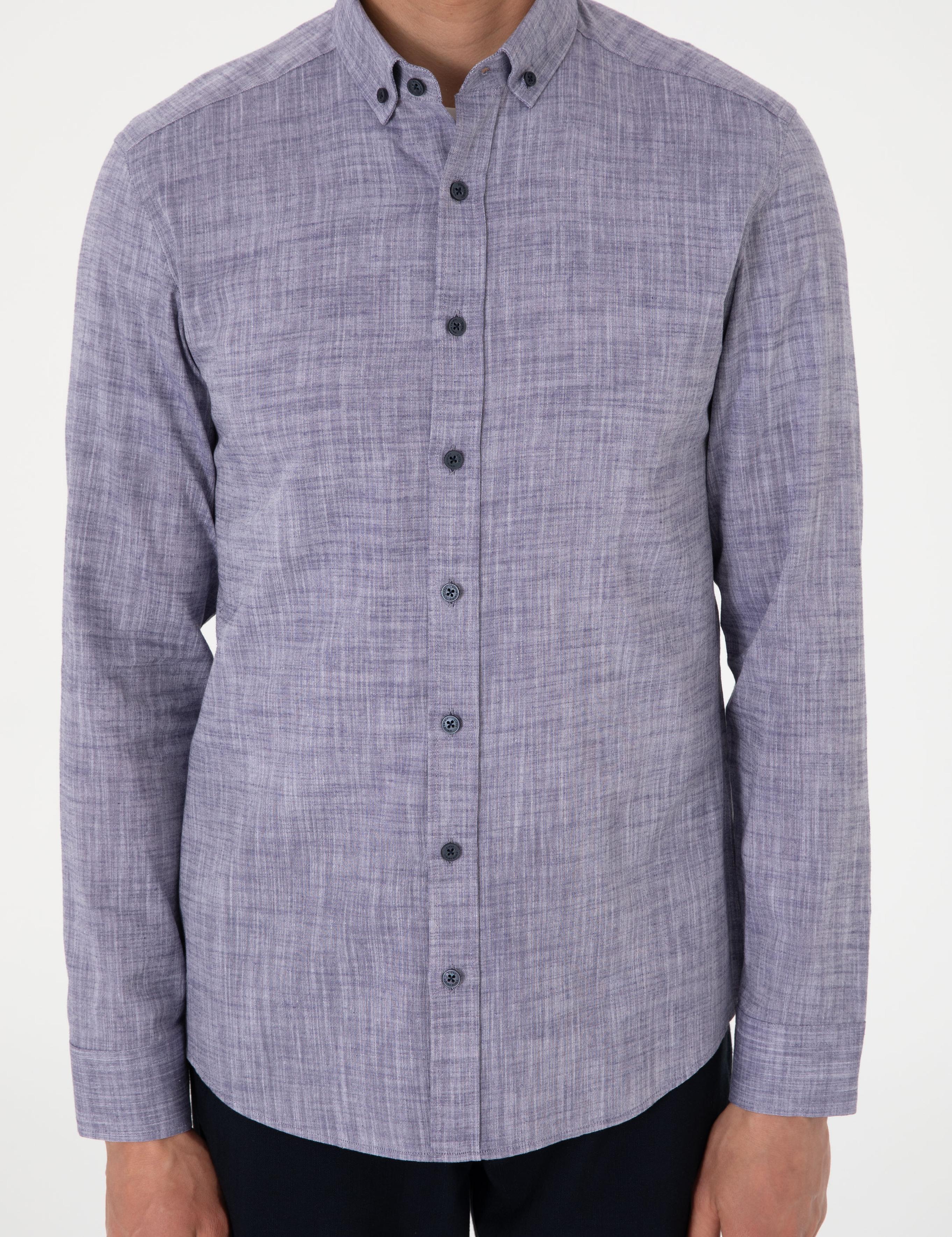 Lacivert Keten Görünümlü Slim Fit Uzun Kollu Gömlek