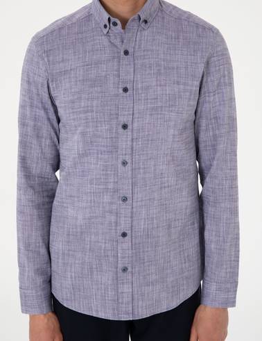 Lacivert Keten Görünümlü Slim Fit Uzun Kollu Gömlek