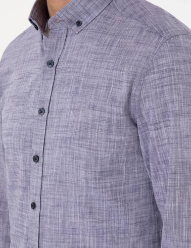 Lacivert Keten Görünümlü Slim Fit Uzun Kollu Gömlek