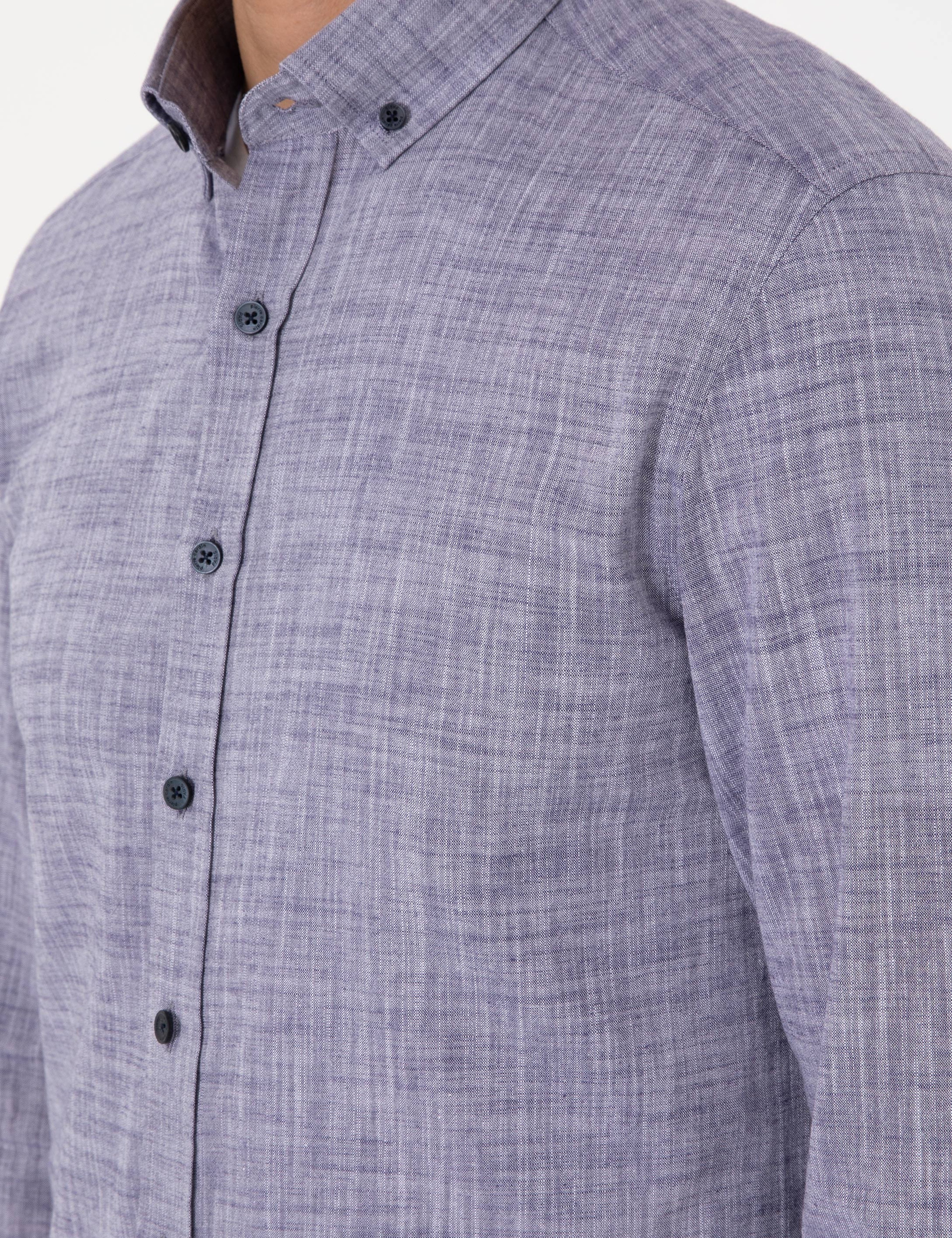 Lacivert Keten Görünümlü Slim Fit Uzun Kollu Gömlek - Image 7