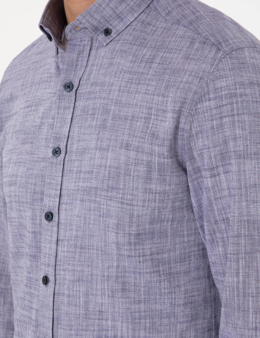 Lacivert Keten Görünümlü Slim Fit Uzun Kollu Gömlek