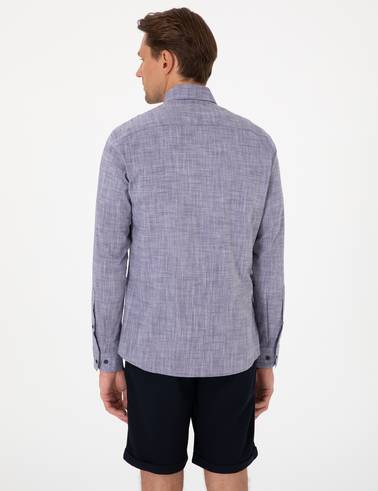 Lacivert Keten Görünümlü Slim Fit Uzun Kollu Gömlek