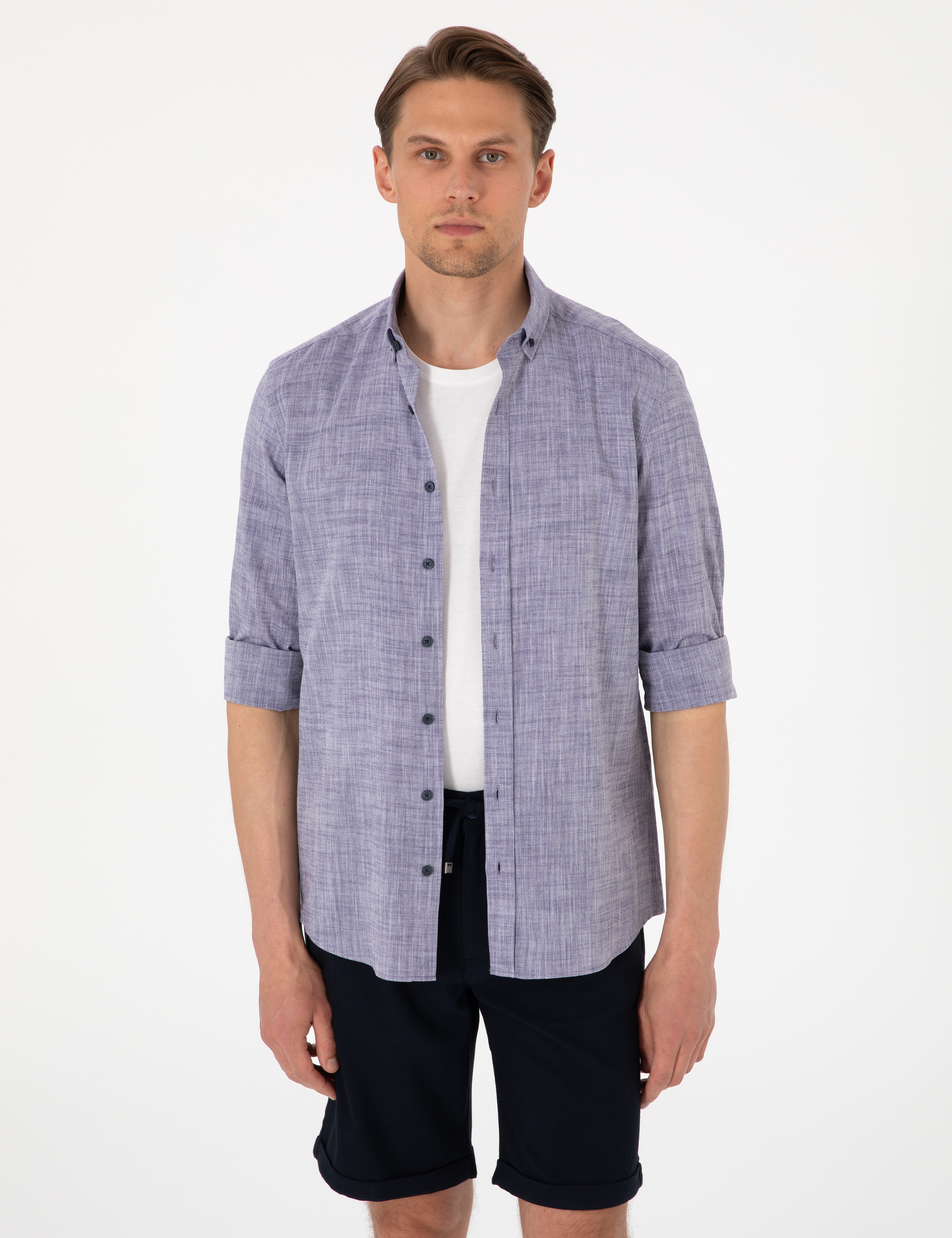 Lacivert Keten Görünümlü Slim Fit Uzun Kollu Gömlek - Image 1