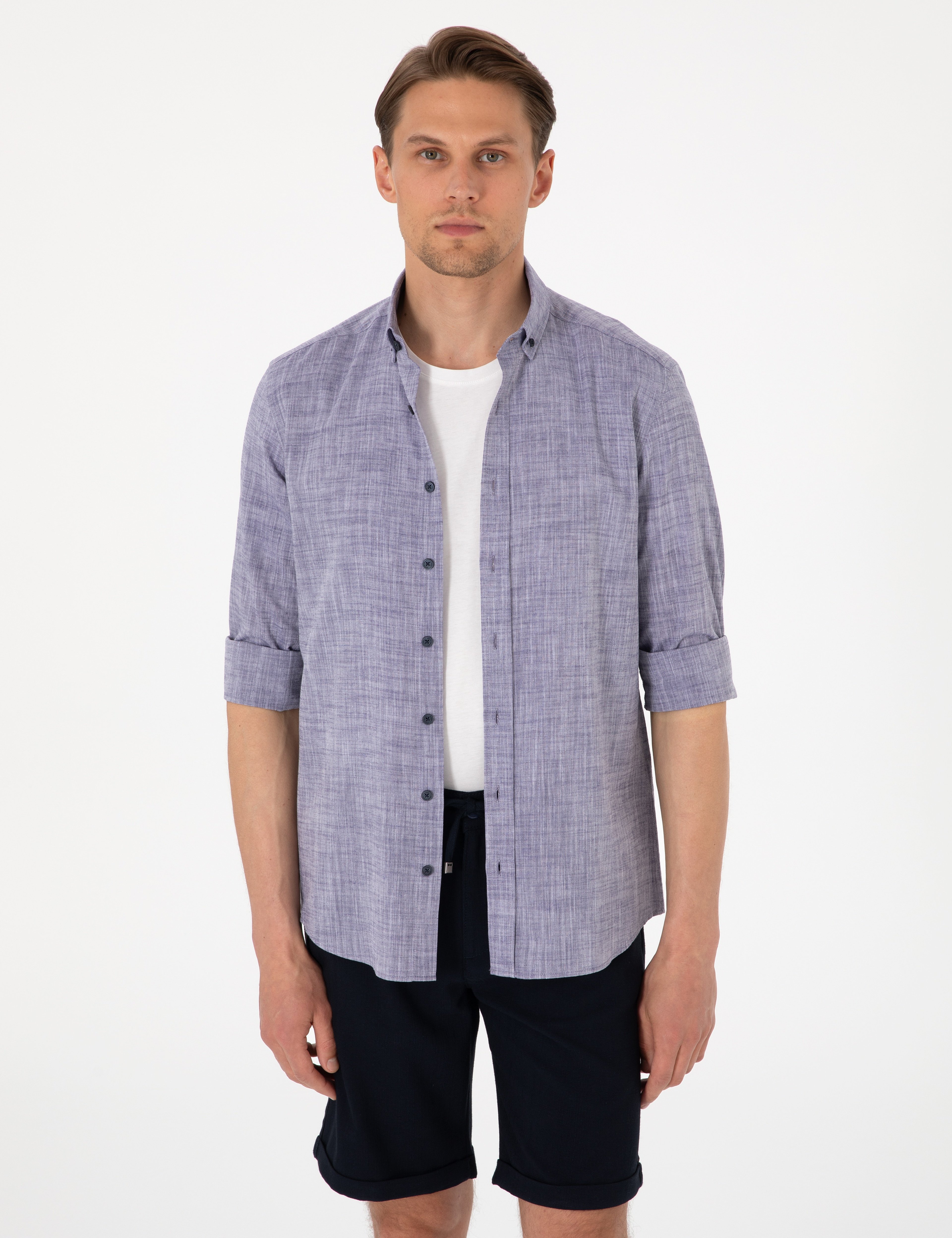 Lacivert Keten Görünümlü Slim Fit Uzun Kollu Gömlek