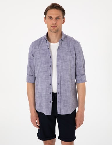 Lacivert Keten Görünümlü Slim Fit Uzun Kollu Gömlek