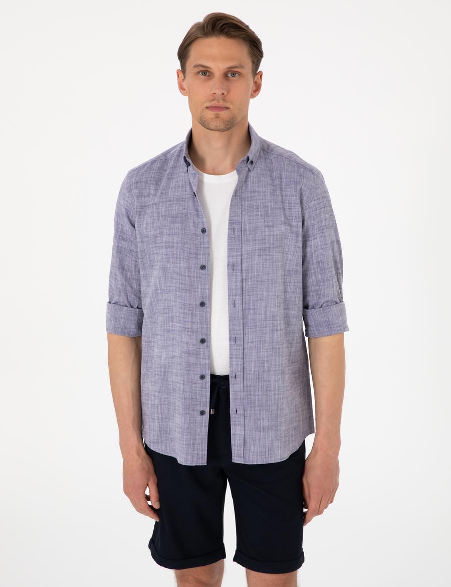 Lacivert Keten Görünümlü Slim Fit Uzun Kollu Gömlek