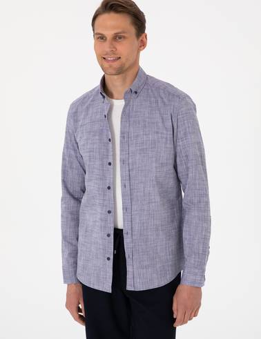 Lacivert Keten Görünümlü Slim Fit Uzun Kollu Gömlek