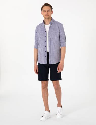 Lacivert Keten Görünümlü Slim Fit Uzun Kollu Gömlek