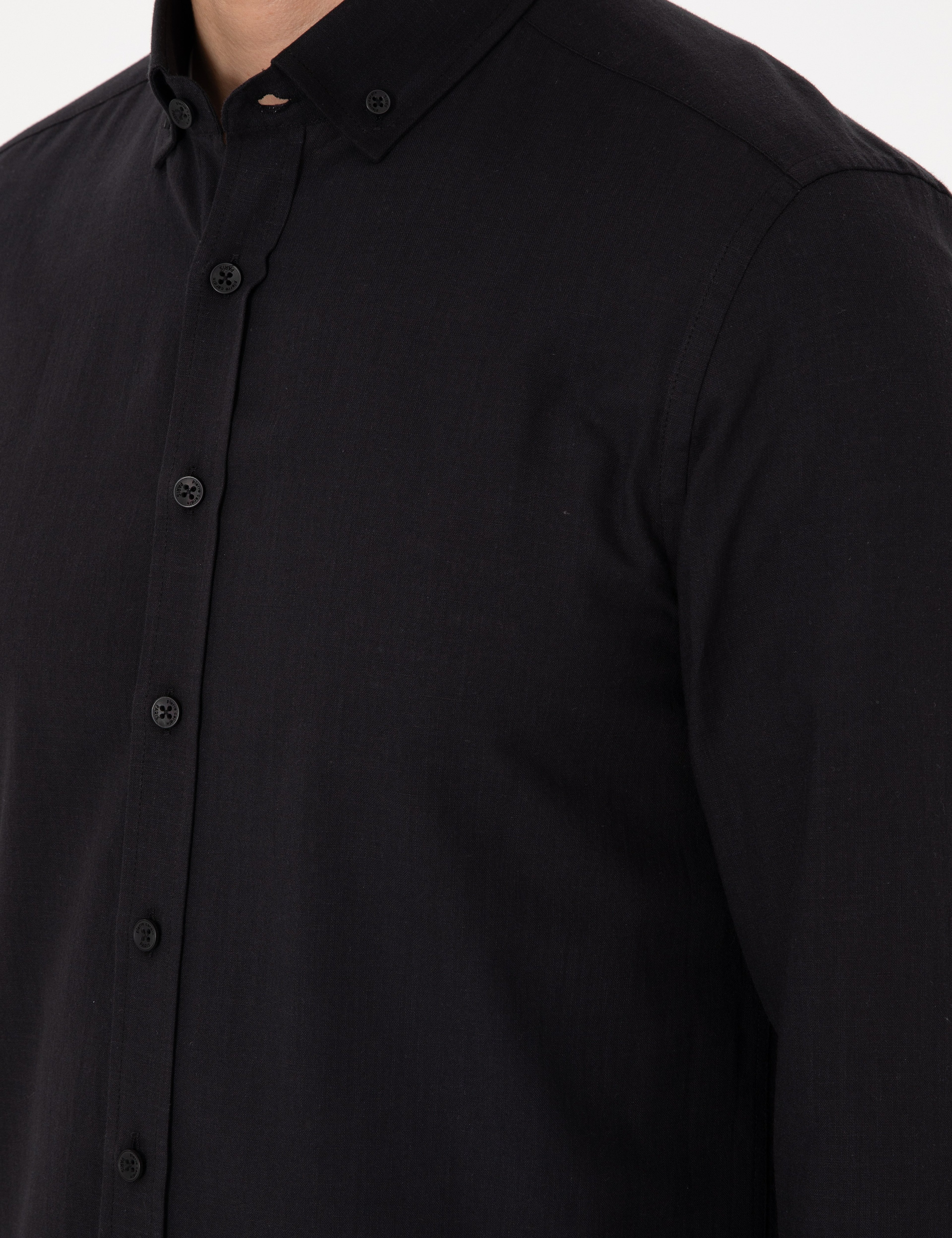 Siyah Keten Görünümlü Slim Fit Uzun Kollu Gömlek - Image 7