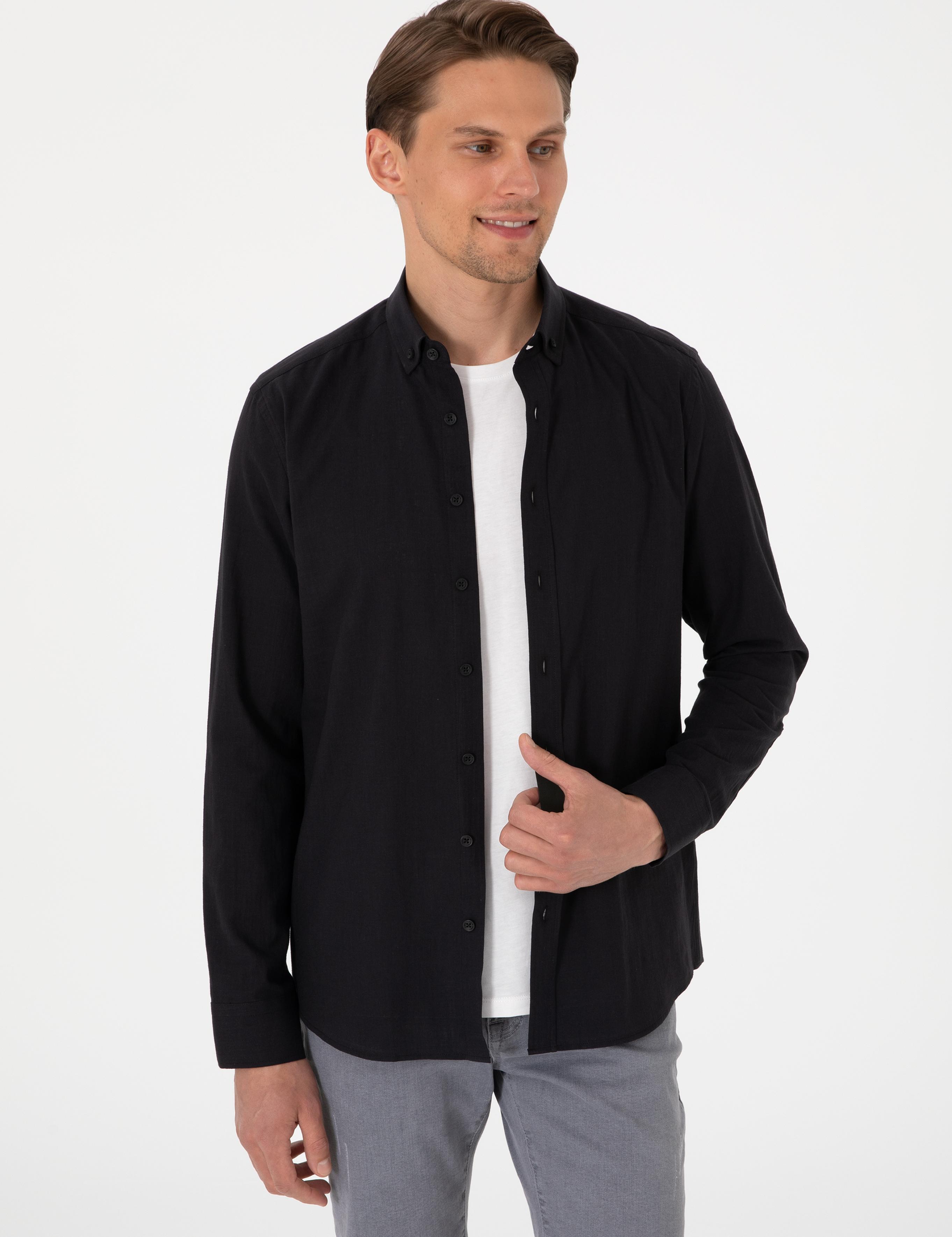 Siyah Keten Görünümlü Slim Fit Uzun Kollu Gömlek