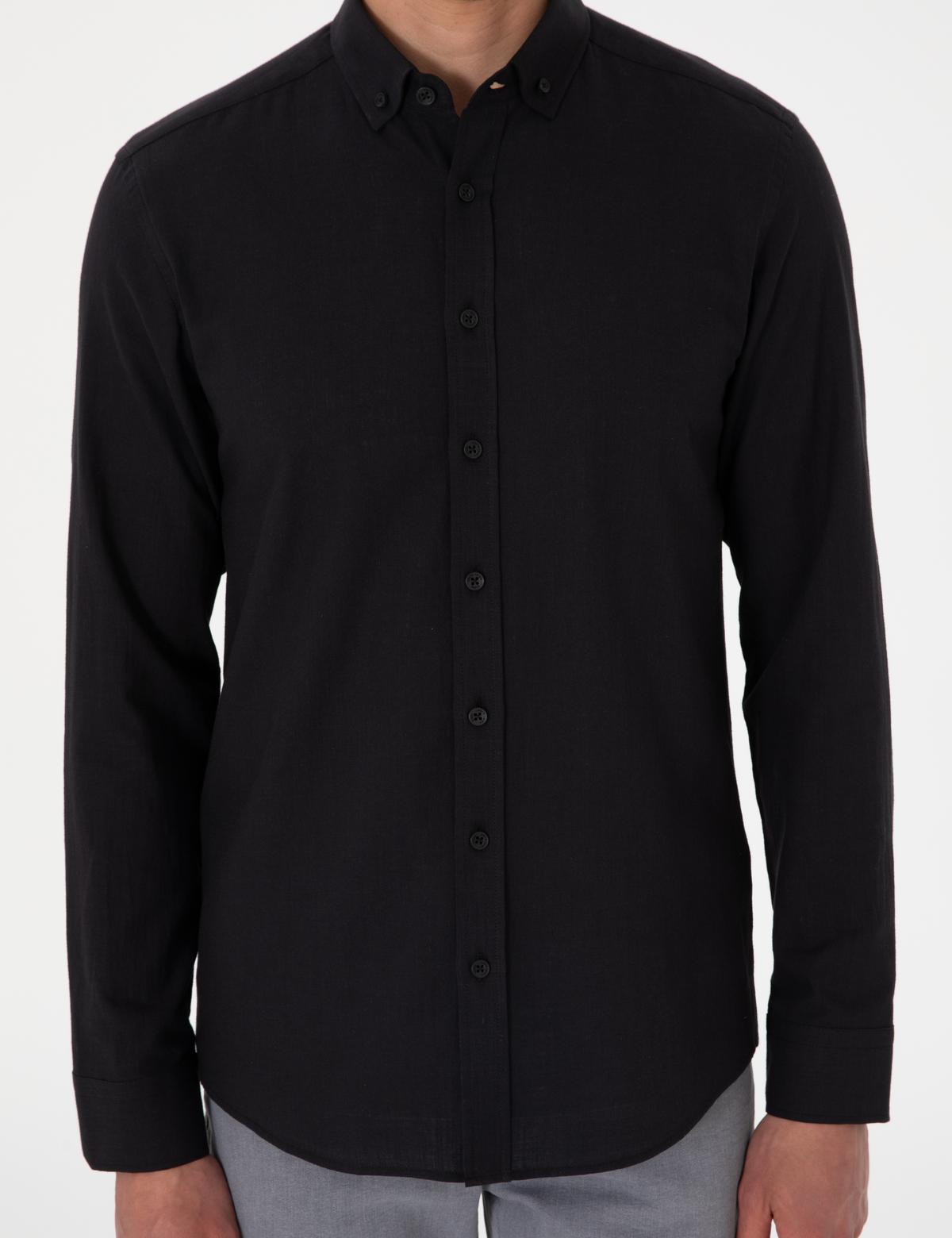 Siyah Keten Görünümlü Slim Fit Uzun Kollu Gömlek - 50307025008