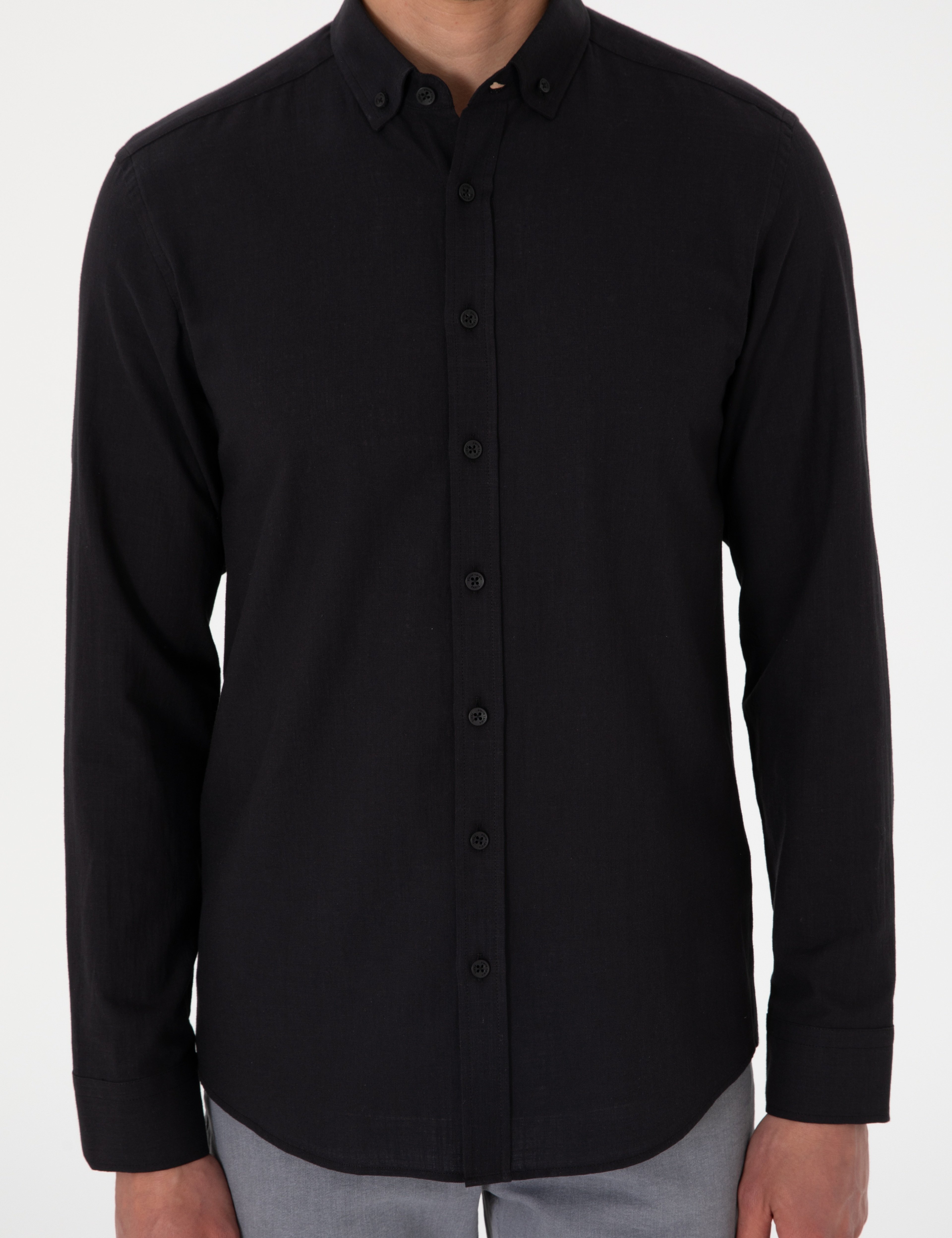 Siyah Keten Görünümlü Slim Fit Uzun Kollu Gömlek - Image 6