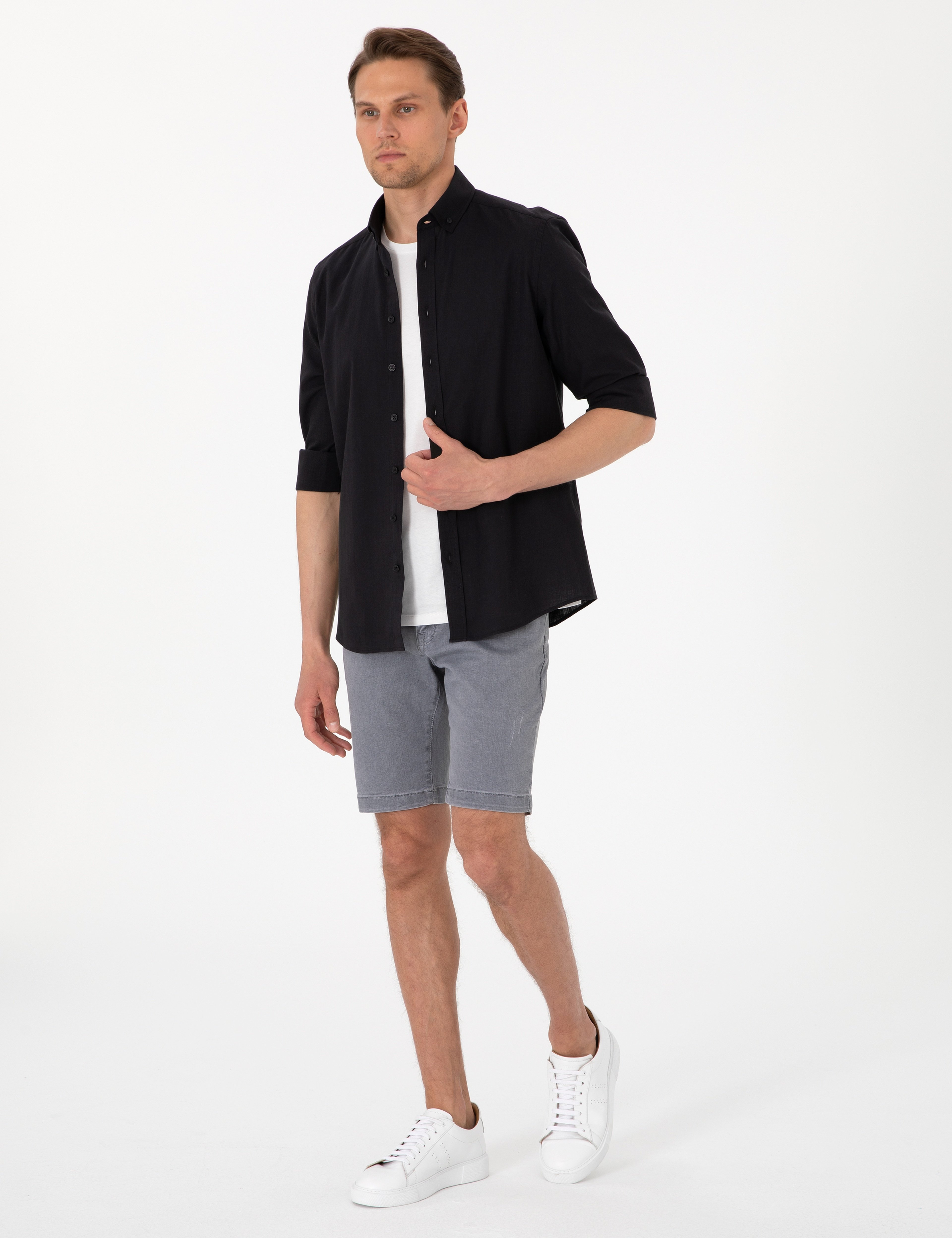 Siyah Keten Görünümlü Slim Fit Uzun Kollu Gömlek - Image 4