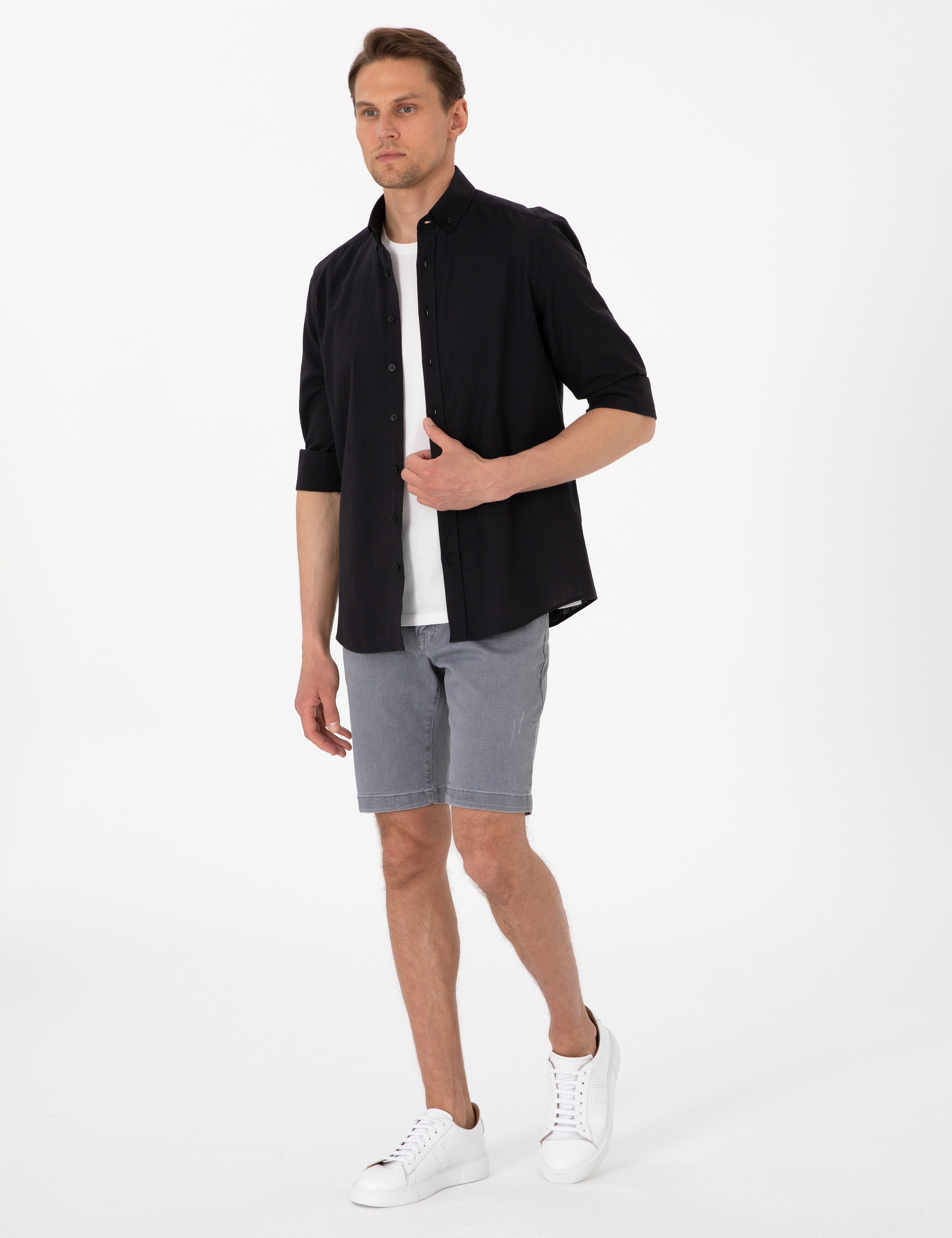 Siyah Keten Görünümlü Slim Fit Uzun Kollu Gömlek