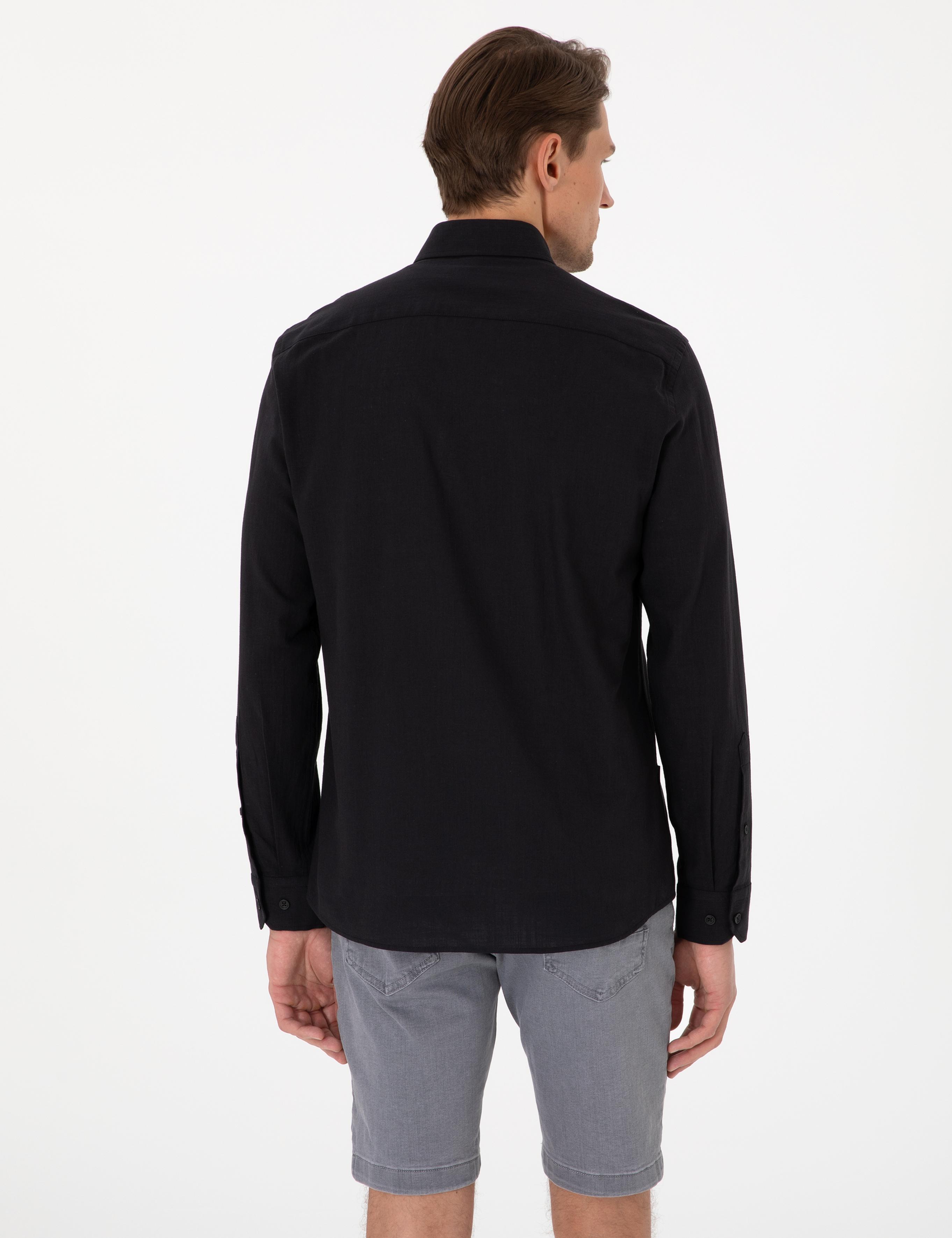 Siyah Keten Görünümlü Slim Fit Uzun Kollu Gömlek