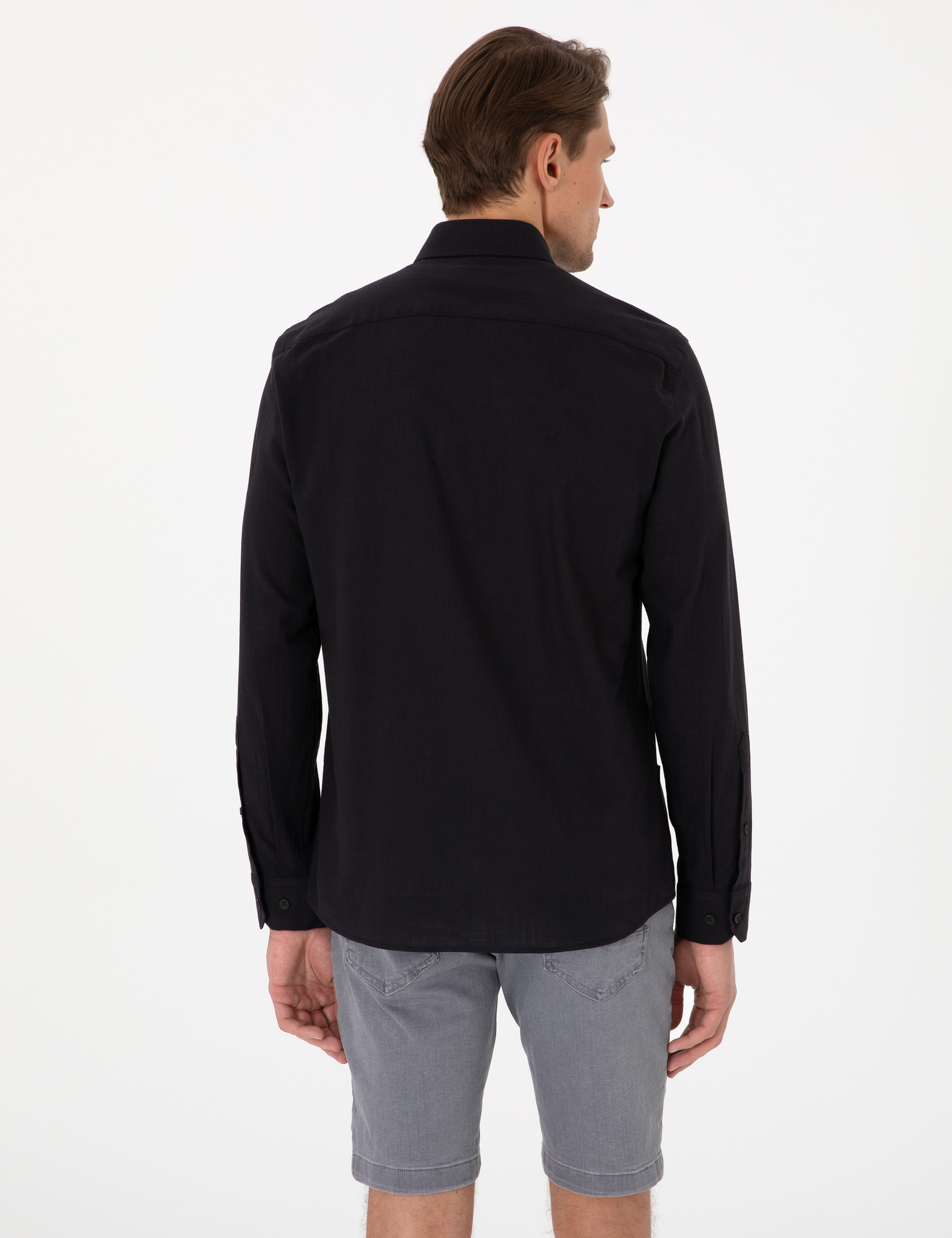 Siyah Keten Görünümlü Slim Fit Uzun Kollu Gömlek - Image 5