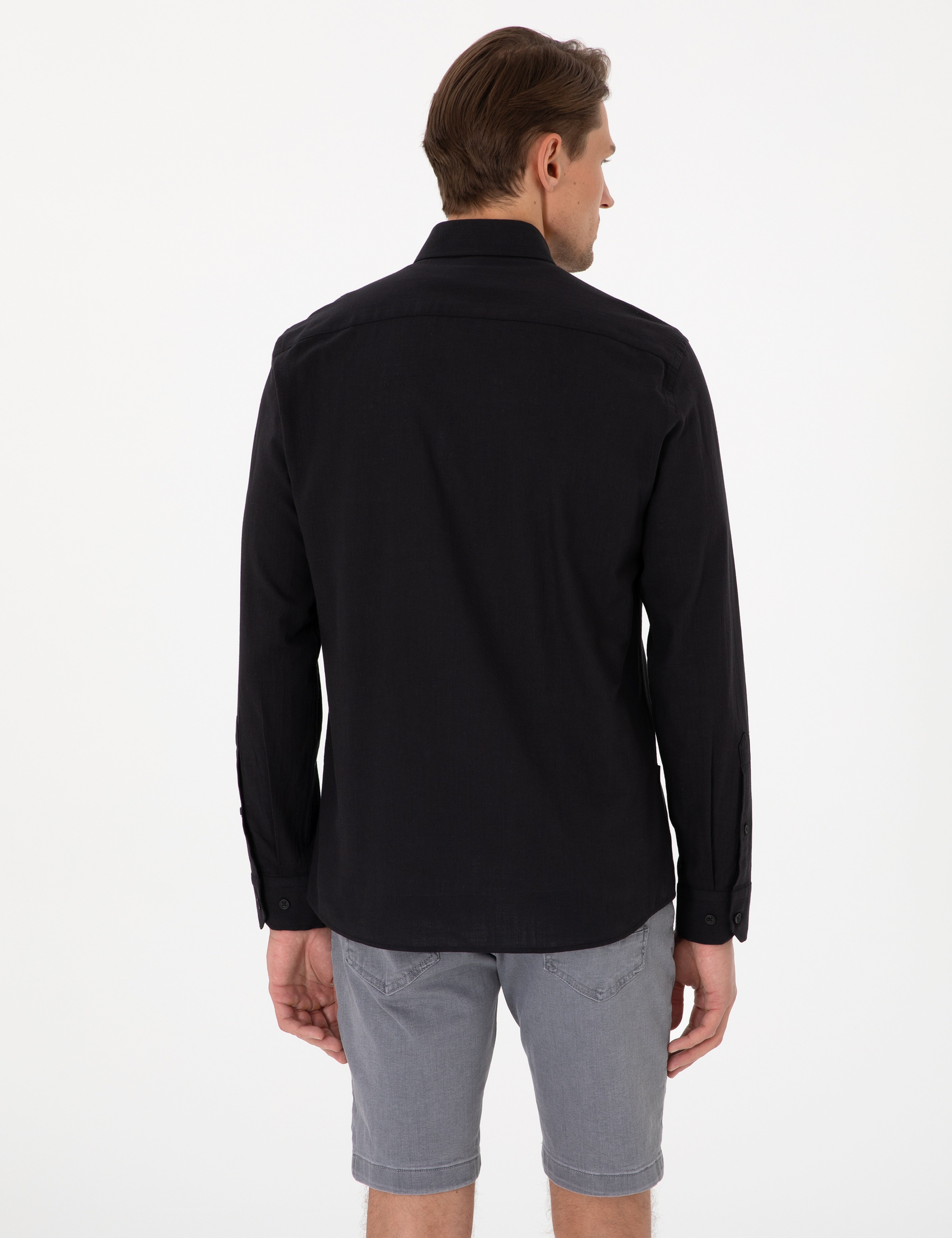 Siyah Keten Görünümlü Slim Fit Uzun Kollu Gömlek