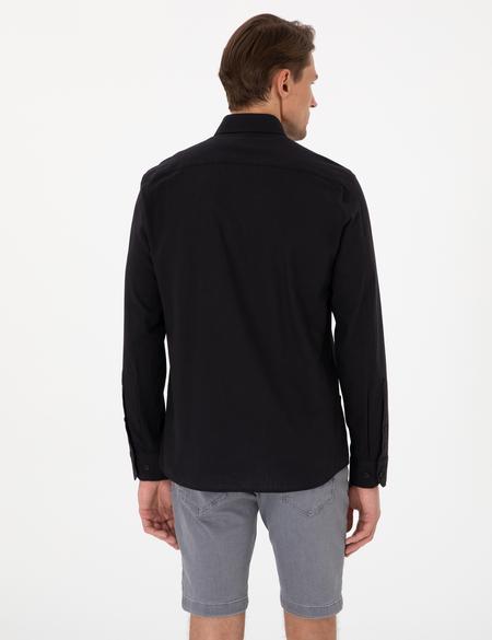 Siyah Keten Görünümlü Slim Fit Uzun Kollu Gömlek - 50307025008