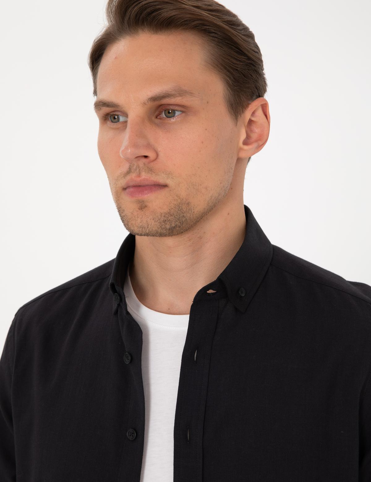 Siyah Keten Görünümlü Slim Fit Uzun Kollu Gömlek - 50307025008