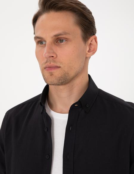 Siyah Keten Görünümlü Slim Fit Uzun Kollu Gömlek - 50307025008