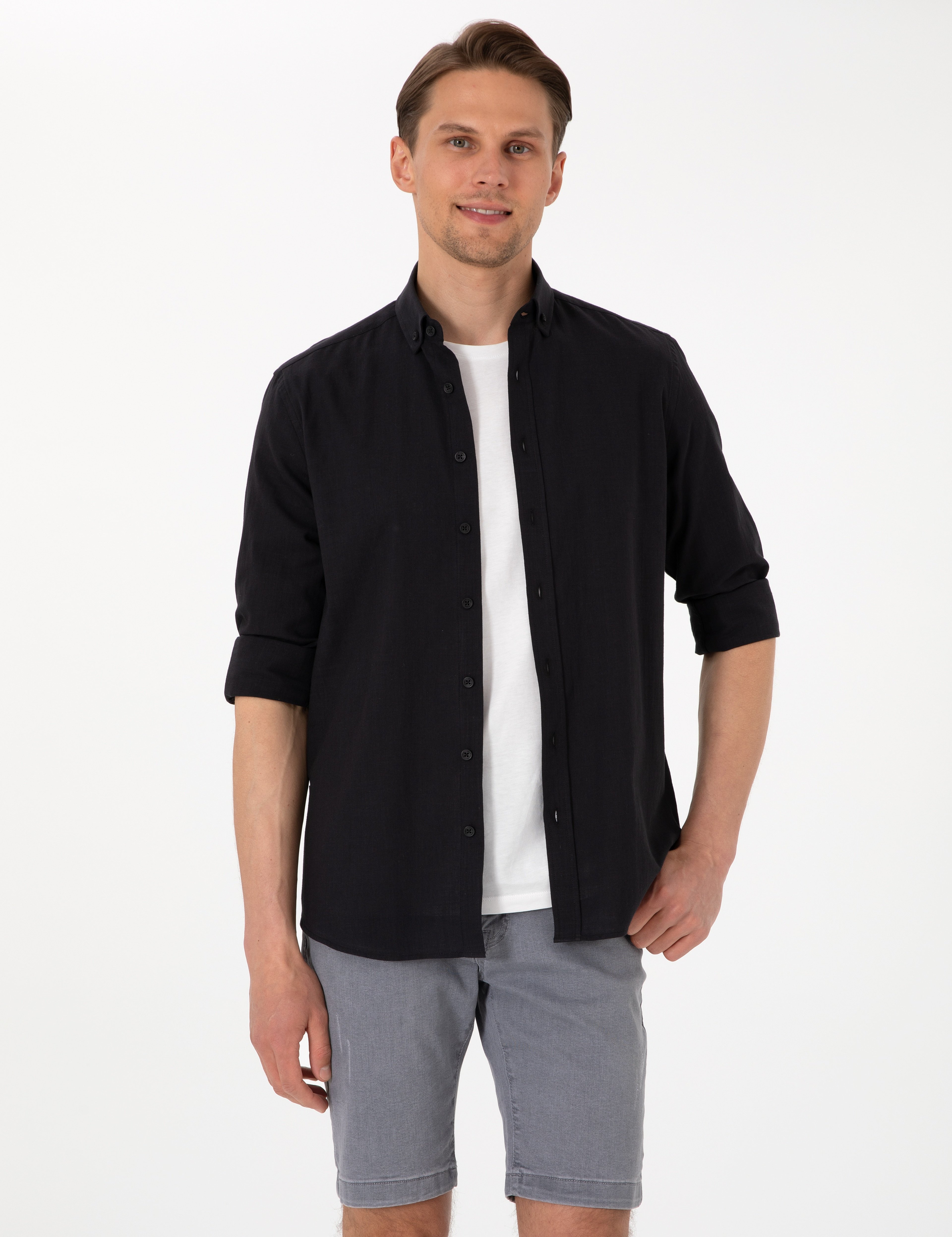 Siyah Keten Görünümlü Slim Fit Uzun Kollu Gömlek - Image 1