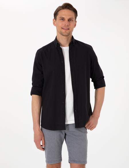Siyah Keten Görünümlü Slim Fit Uzun Kollu Gömlek - 50307025008