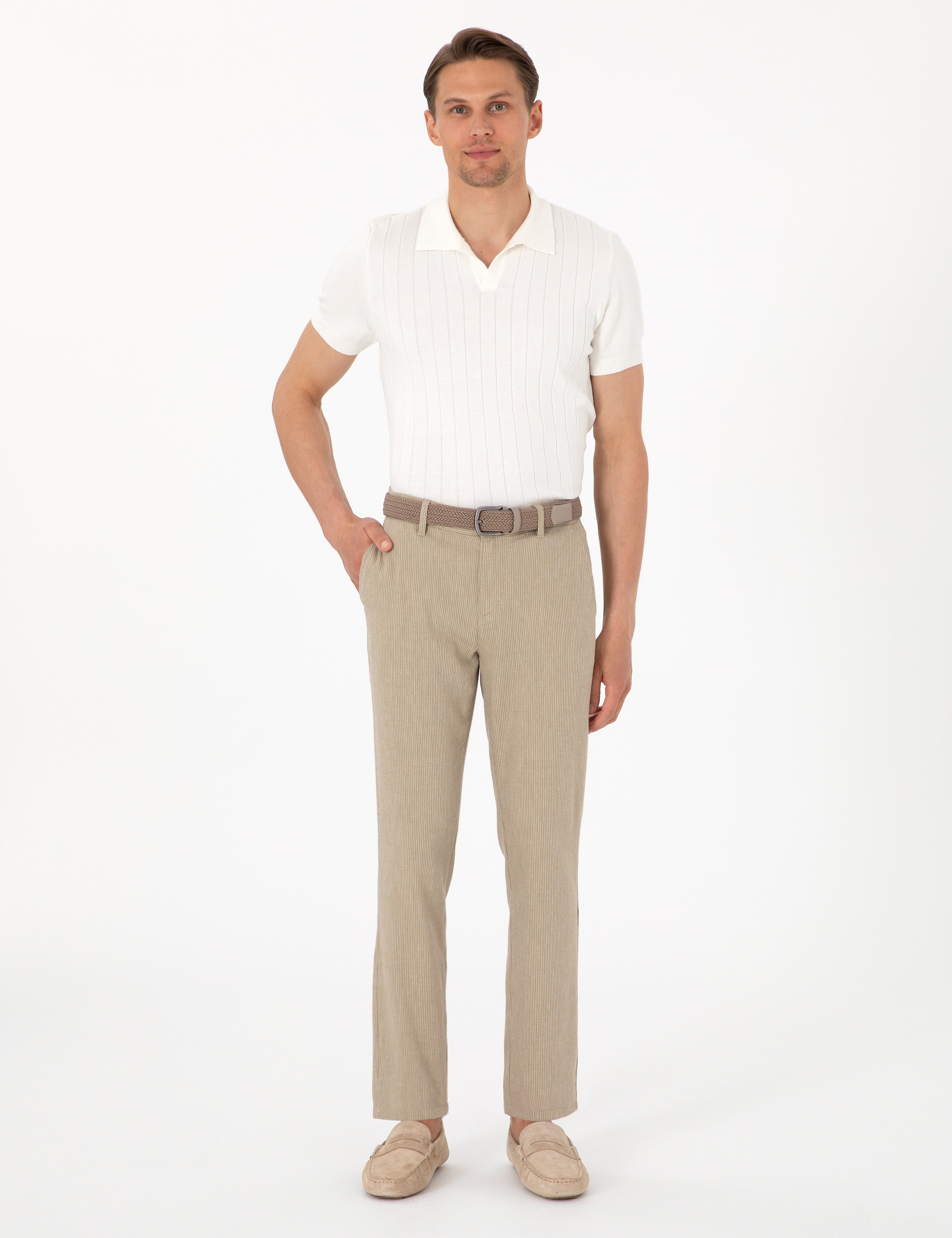 Haki Slim Fit Keten Karışımlı Çizgili Kanvas Pantolon - Image 1