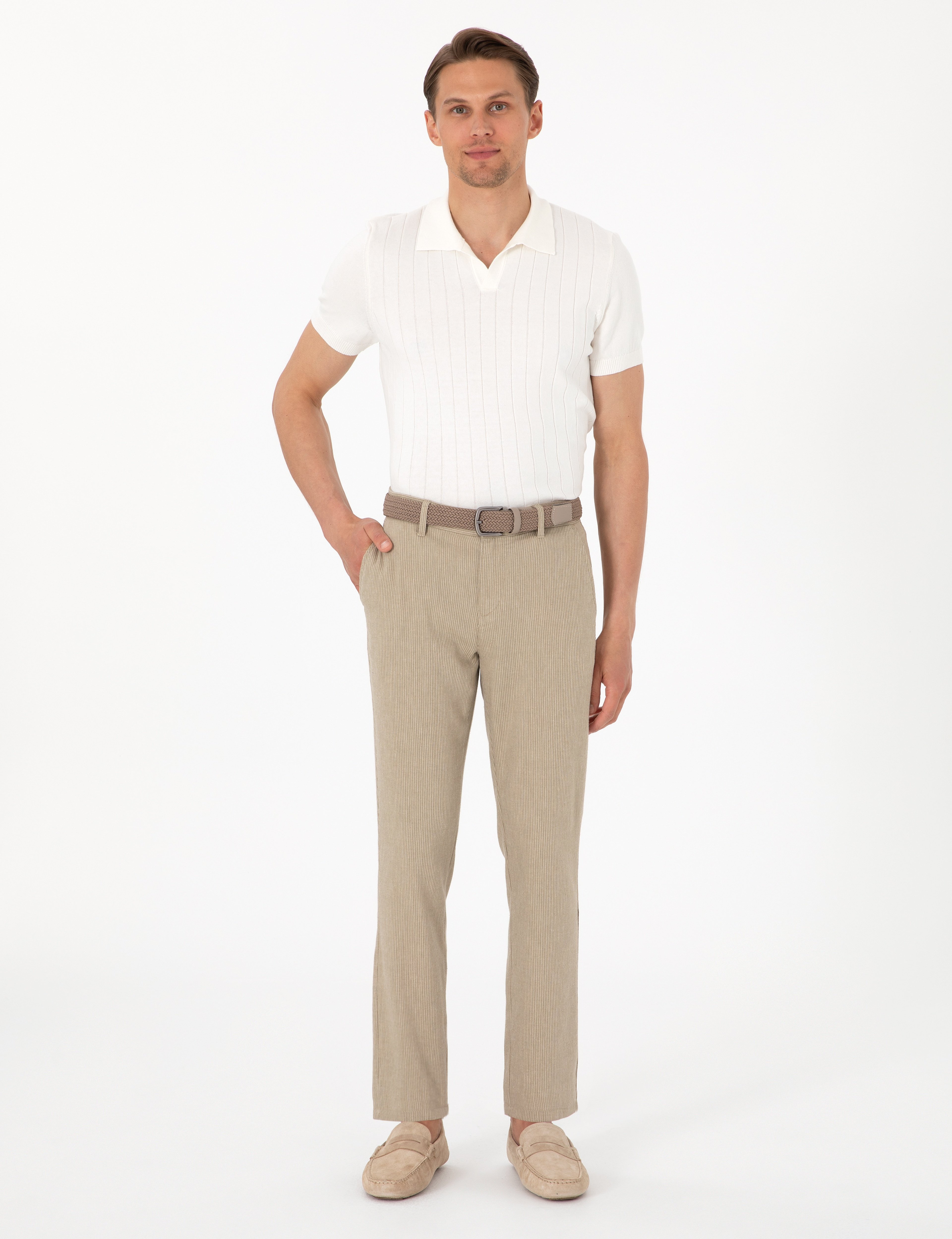 Haki Slim Fit Keten Karışımlı Çizgili Kanvas Pantolon