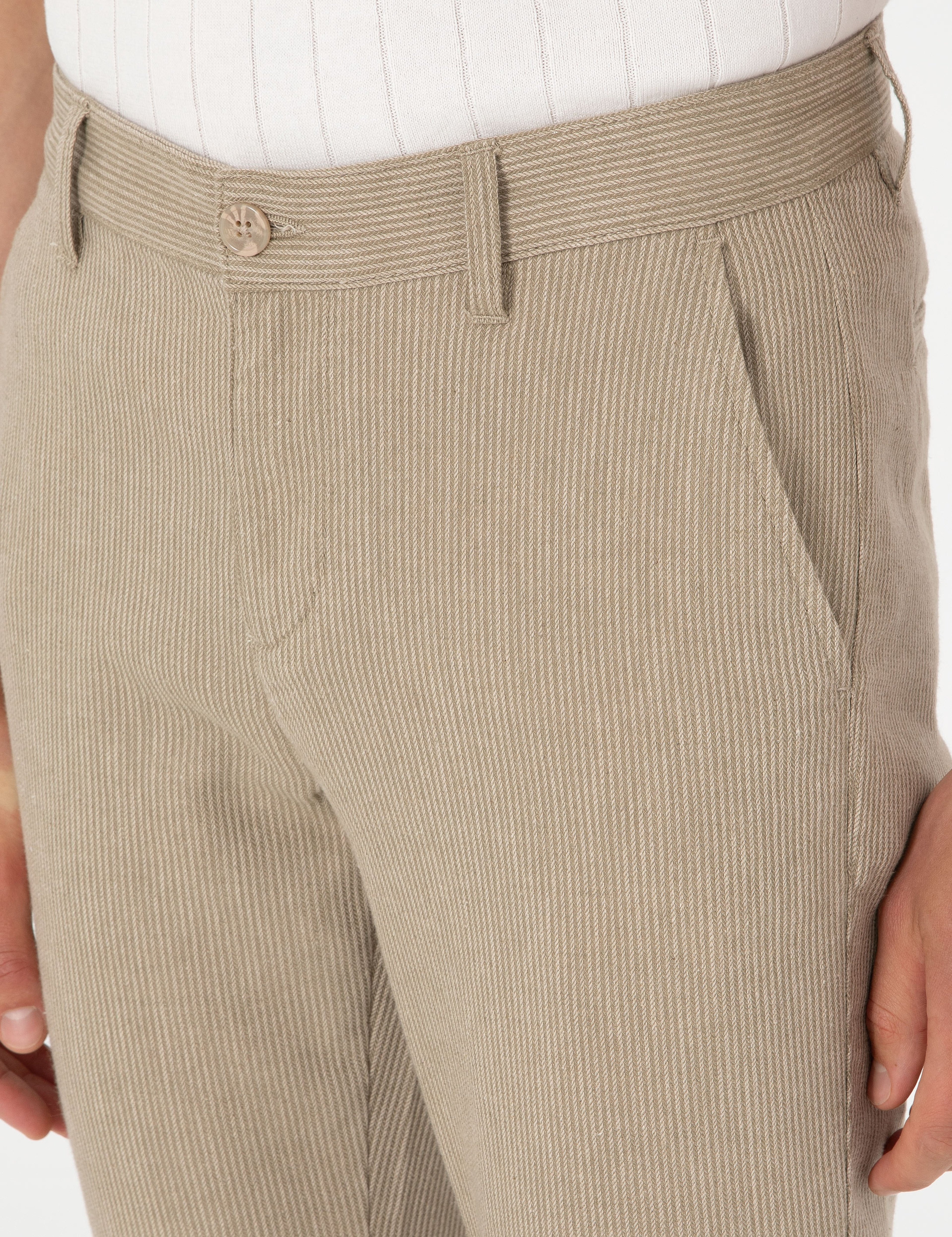 Haki Slim Fit Keten Karışımlı Çizgili Kanvas Pantolon - Image 5