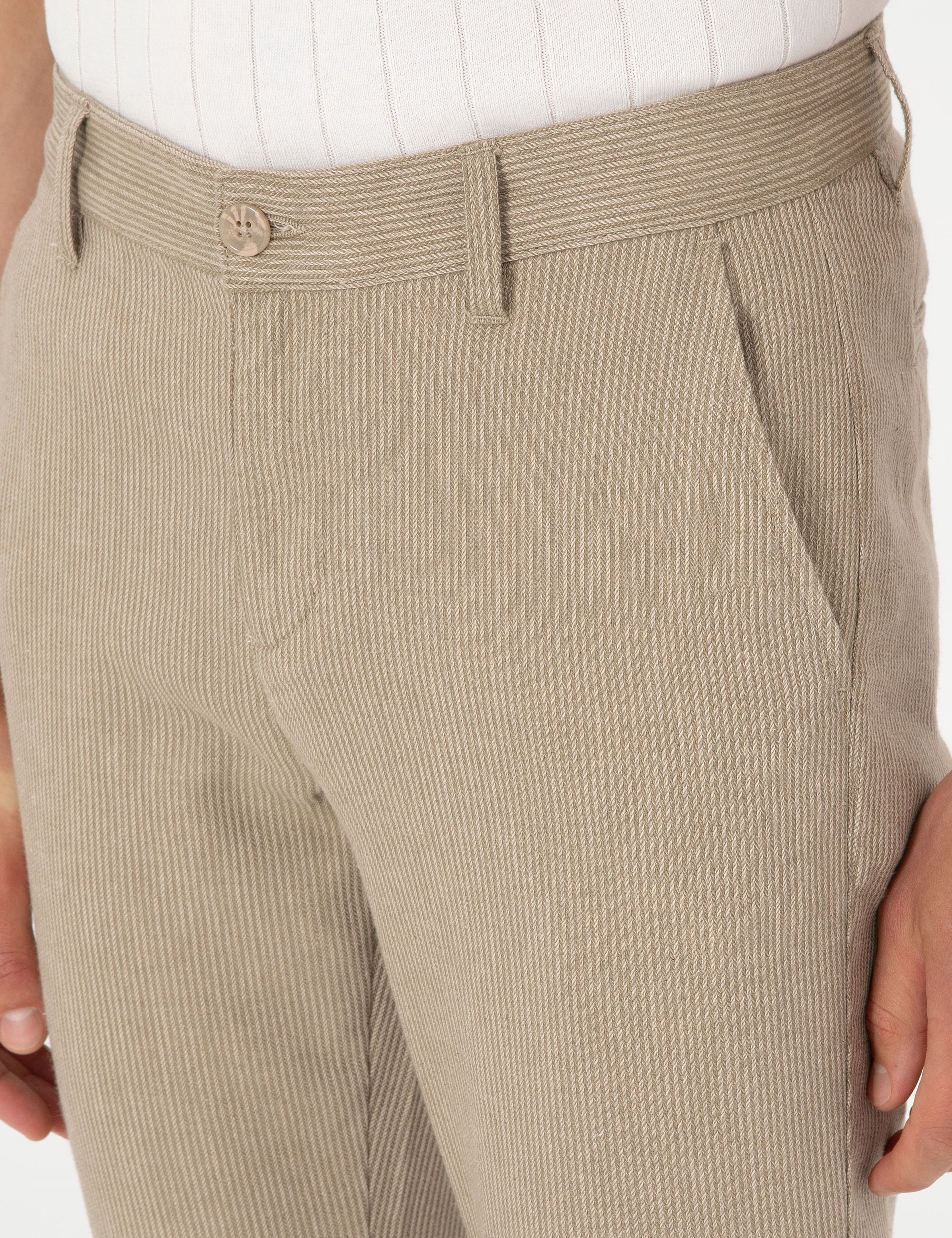 Haki Slim Fit Keten Karışımlı Çizgili Kanvas Pantolon