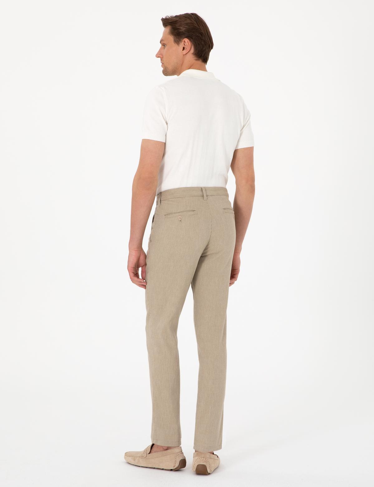 Haki Slim Fit Keten Karışımlı Çizgili Kanvas Pantolon - 50301754092