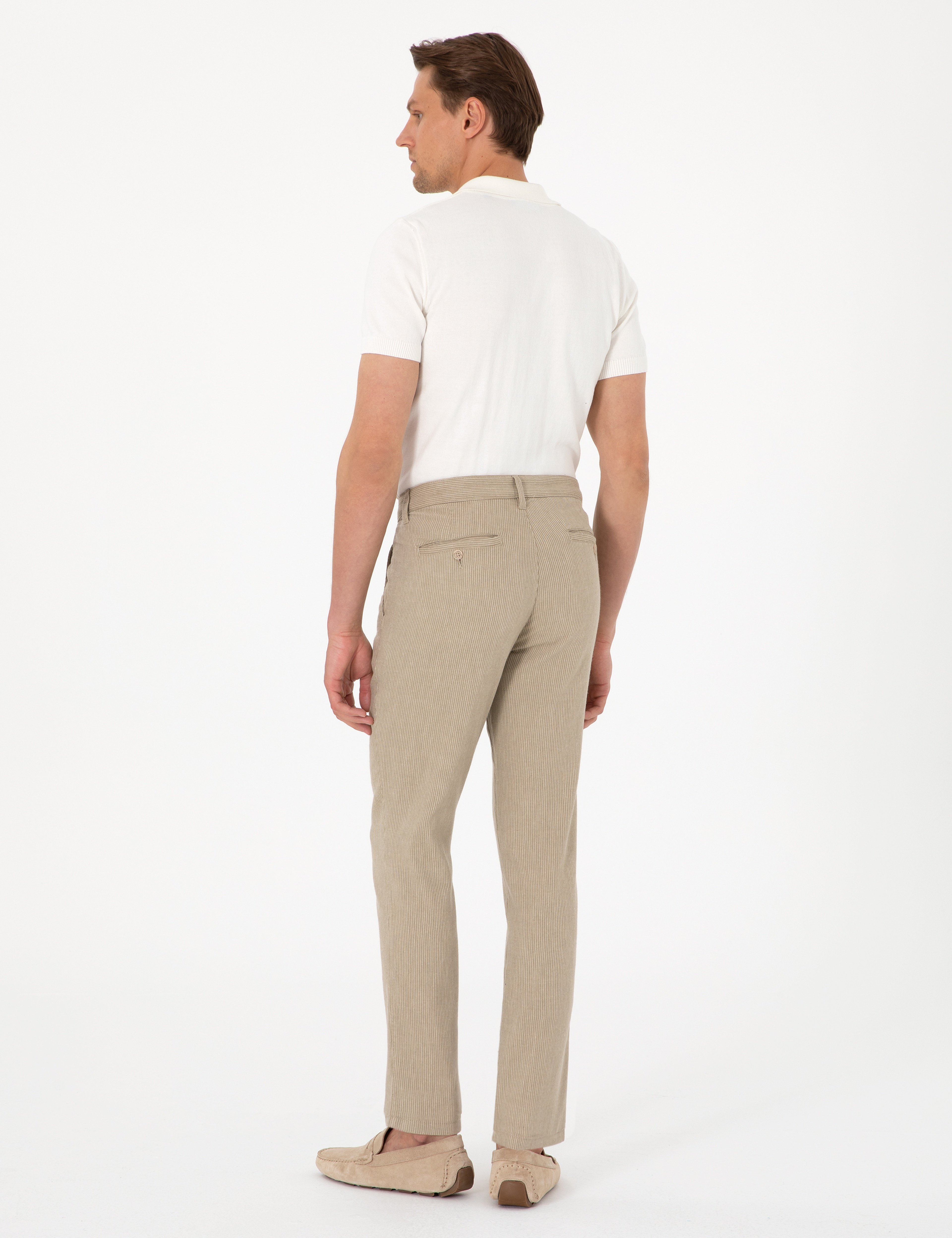 Haki Slim Fit Keten Karışımlı Çizgili Kanvas Pantolon - Image 4