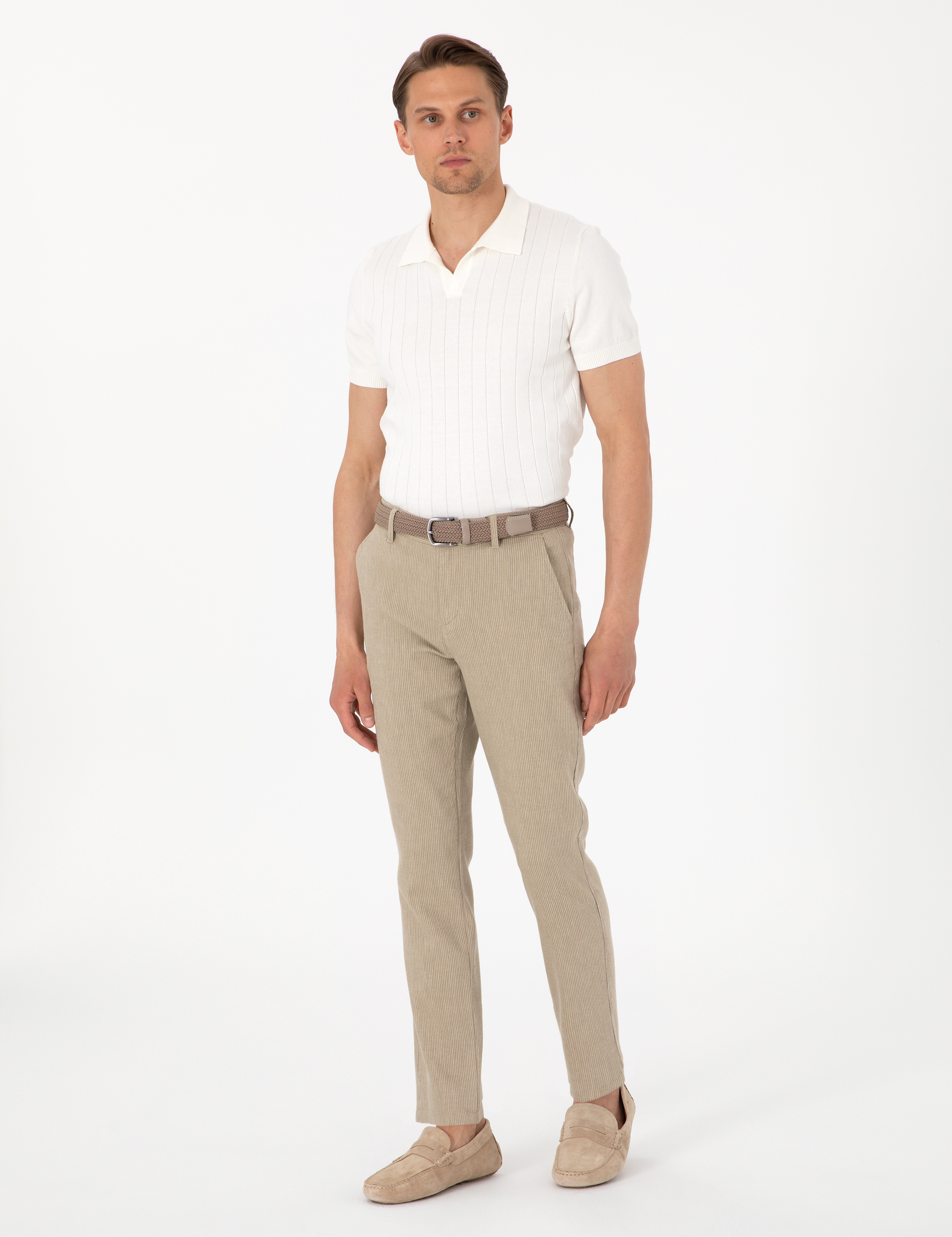 Haki Slim Fit Keten Karışımlı Çizgili Kanvas Pantolon - Image 3
