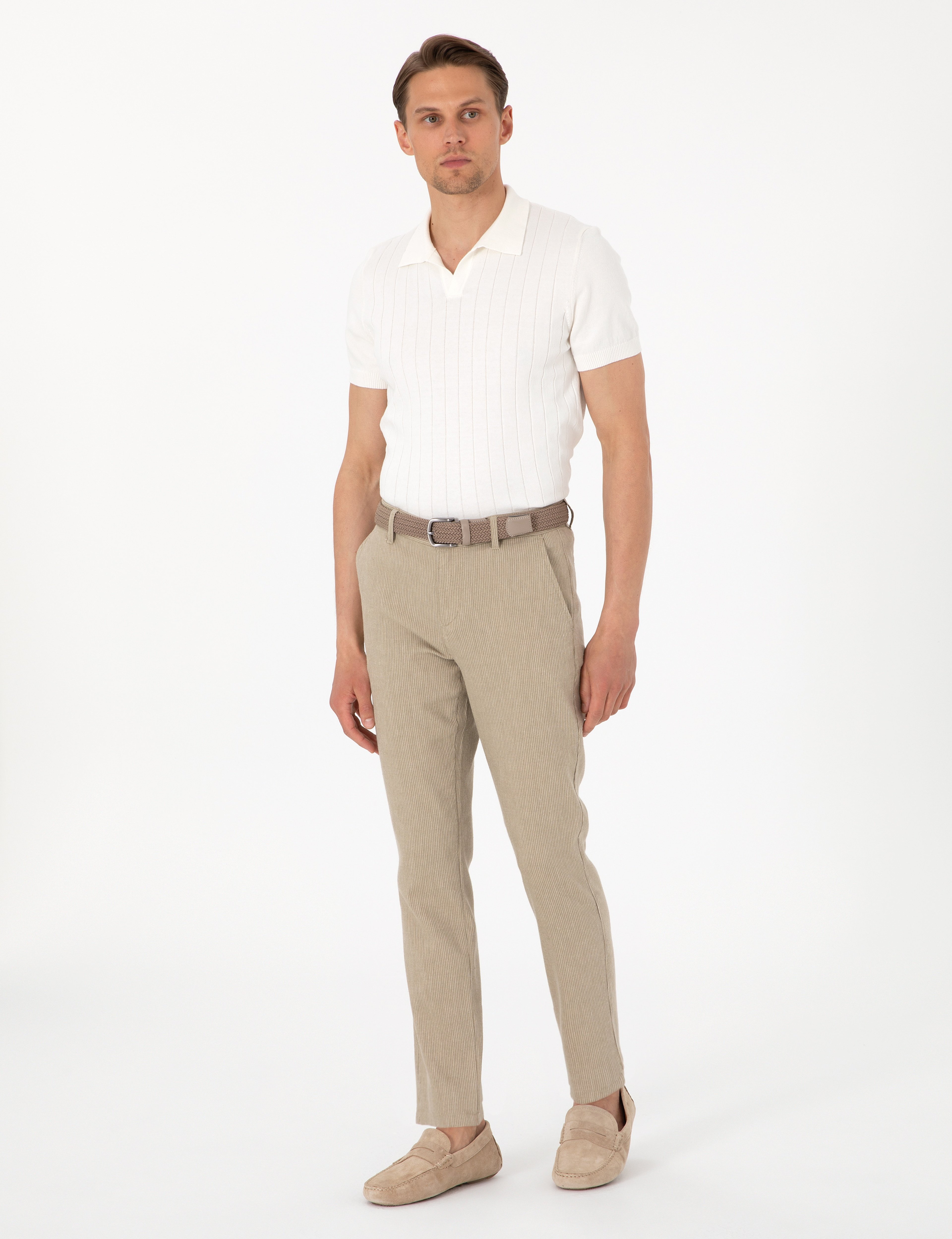 Haki Slim Fit Keten Karışımlı Çizgili Kanvas Pantolon