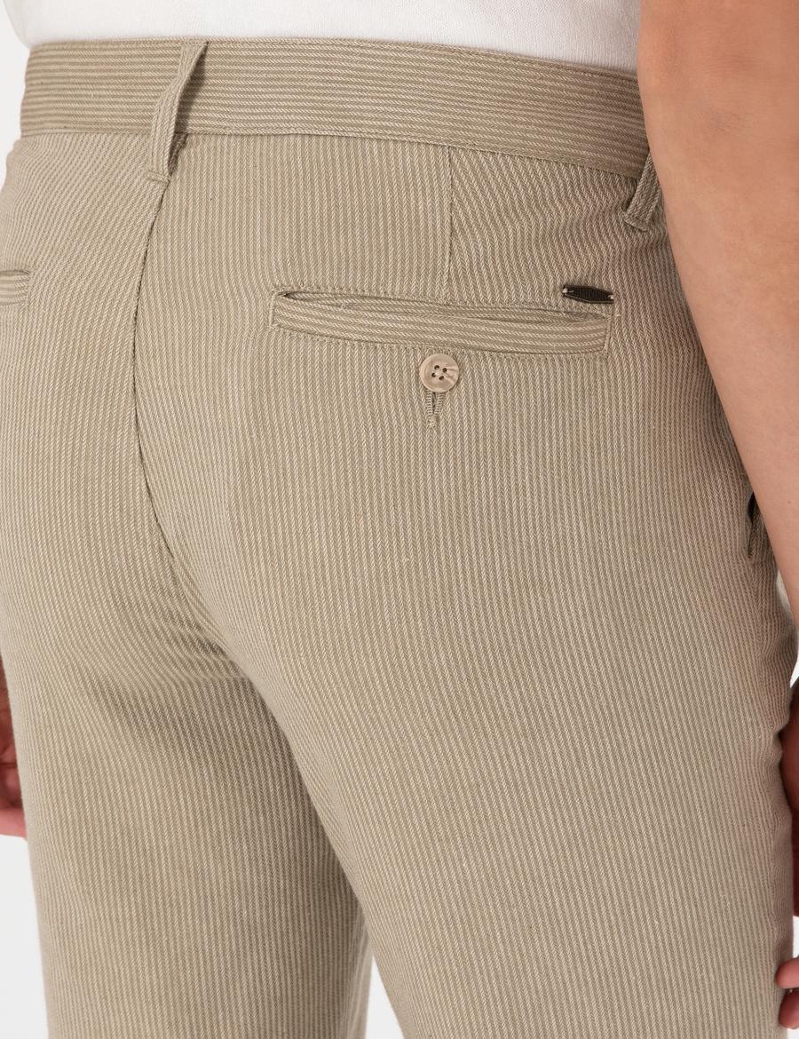 Haki Slim Fit Keten Karışımlı Çizgili Kanvas Pantolon
