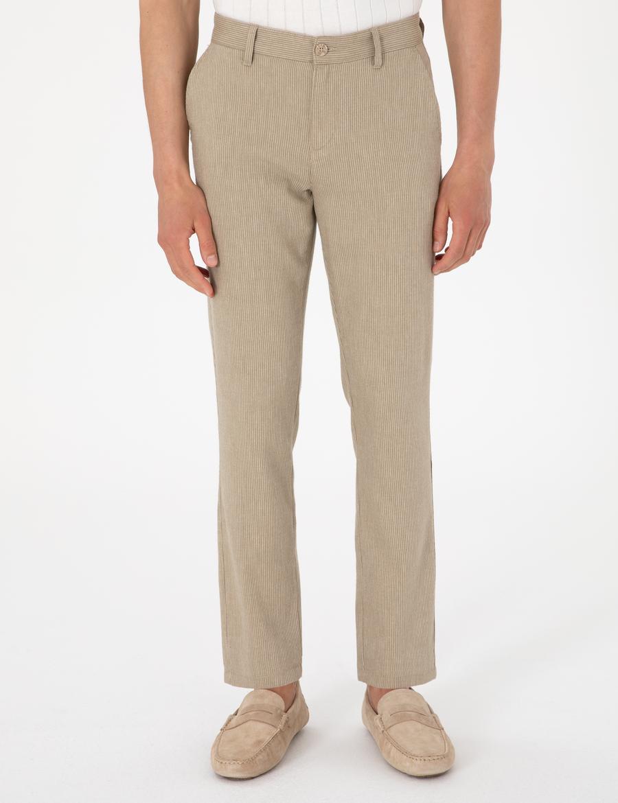 Haki Slim Fit Keten Karışımlı Çizgili Kanvas Pantolon