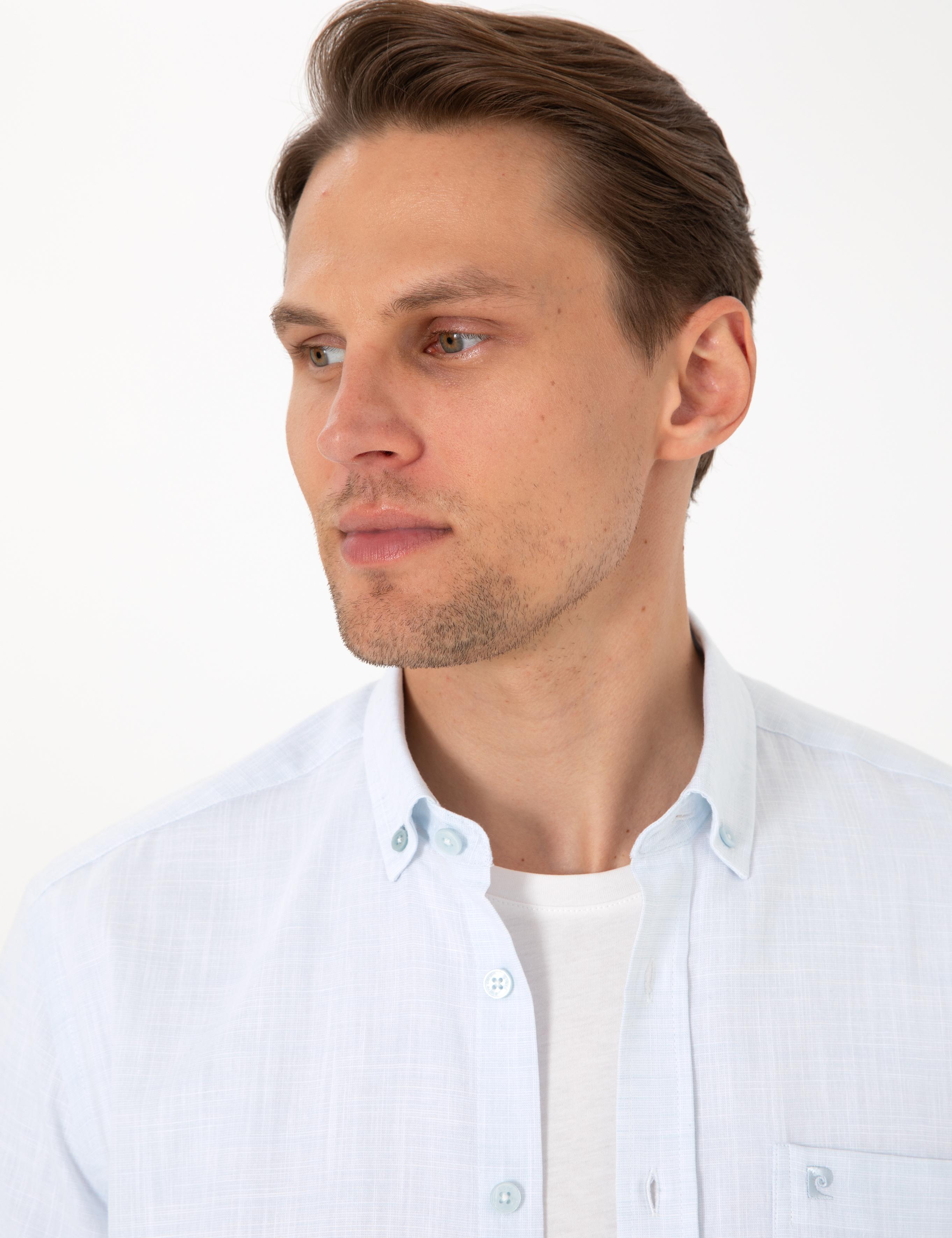 Açık Mavi Keten Görünümlü Regular Fit Kısa Kollu Cepli Gömlek