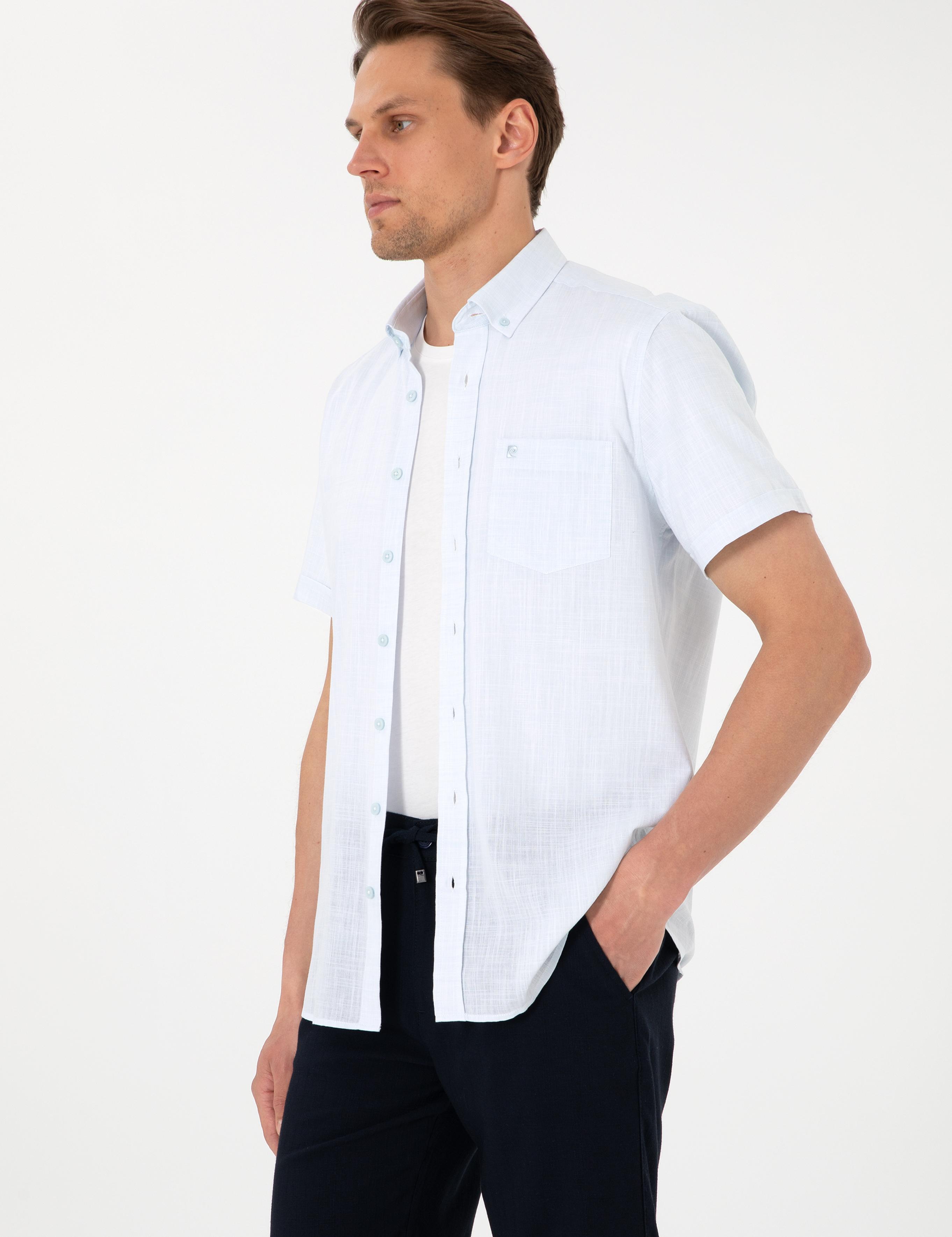 Açık Mavi Keten Görünümlü Regular Fit Kısa Kollu Cepli Gömlek